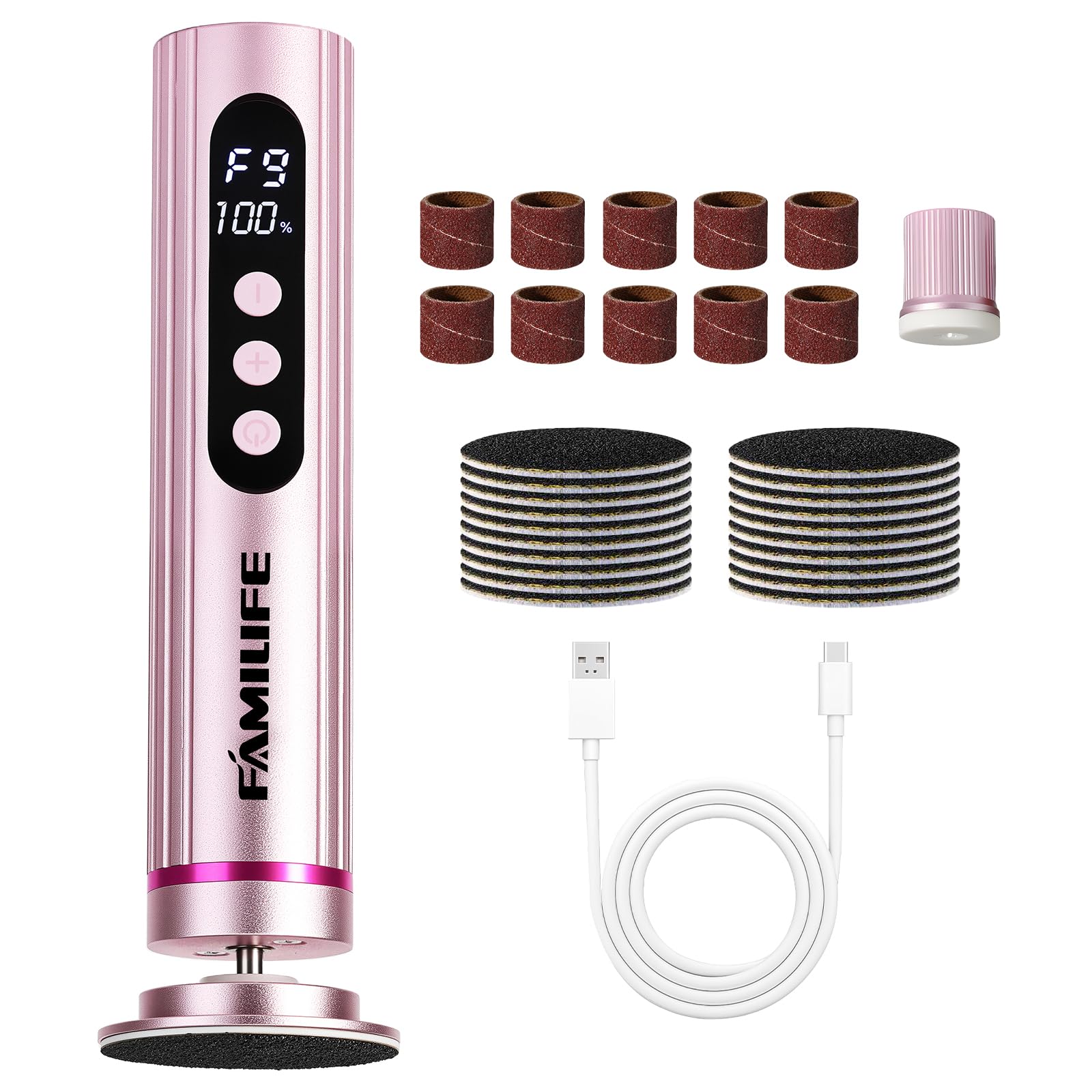 FAMILIFE Lime électrique pour callosités - Outil de pédicure rechargeable avec écran d'affichage, disques de papier abrasif remplaçables, rotation avant et arrière, pour homme et femme
