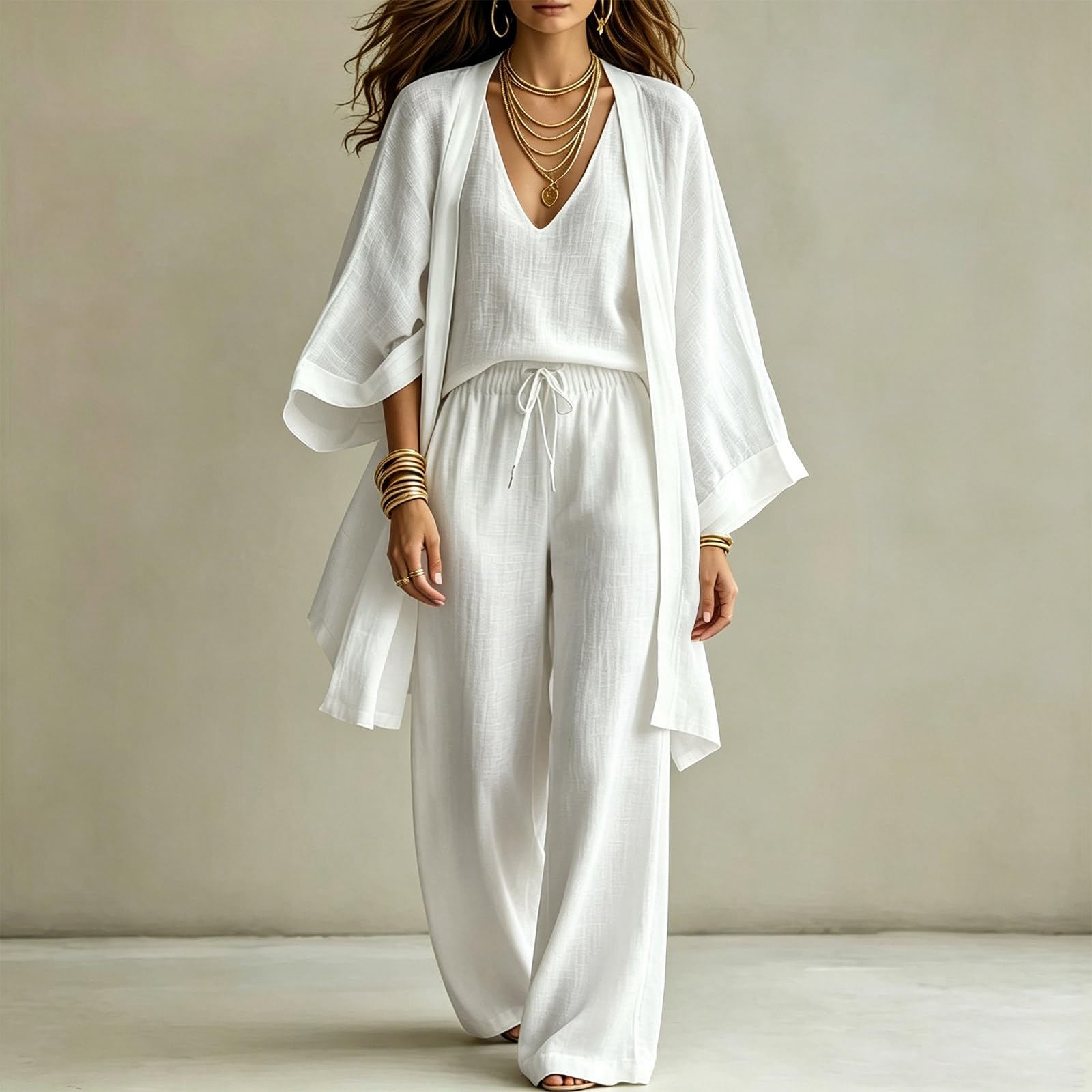 Hosenanzug Damen Musselinanzug Sommer Hausanzug Einfarbig Sommeranzug Elastisch Bund Hose Leinenanzug Frauen 2 Teiler Lässig Loungewear Bequem Jogginganzug Baggy Streetwear Für Büro Reisen