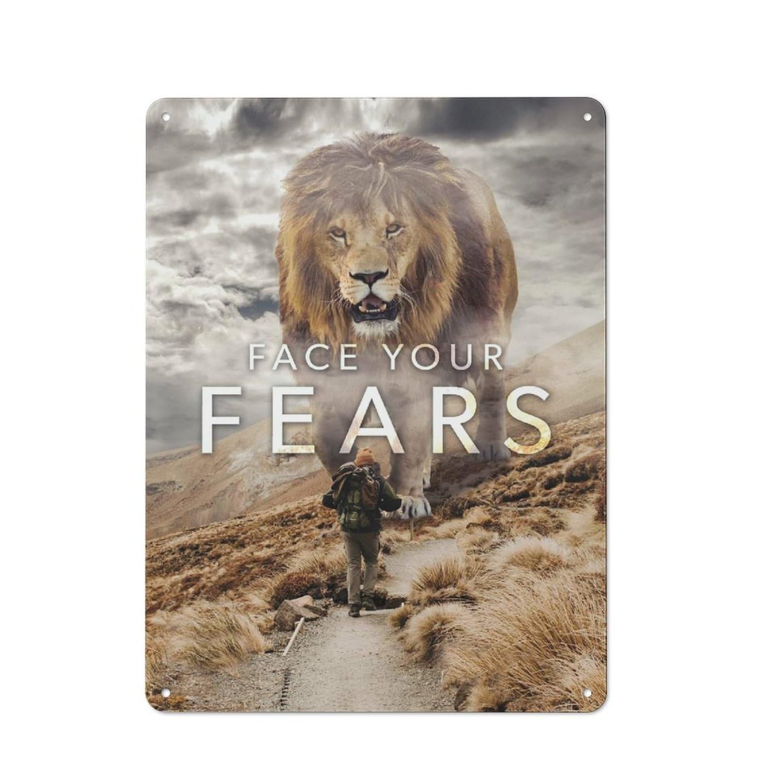 Junmoney Style-9 Metal Wall Sign 40X30cm Featuring Face Your Fears Vs Lion For Hallway Wall, For Hallway Decor Lovers, For Retro Home Interiors