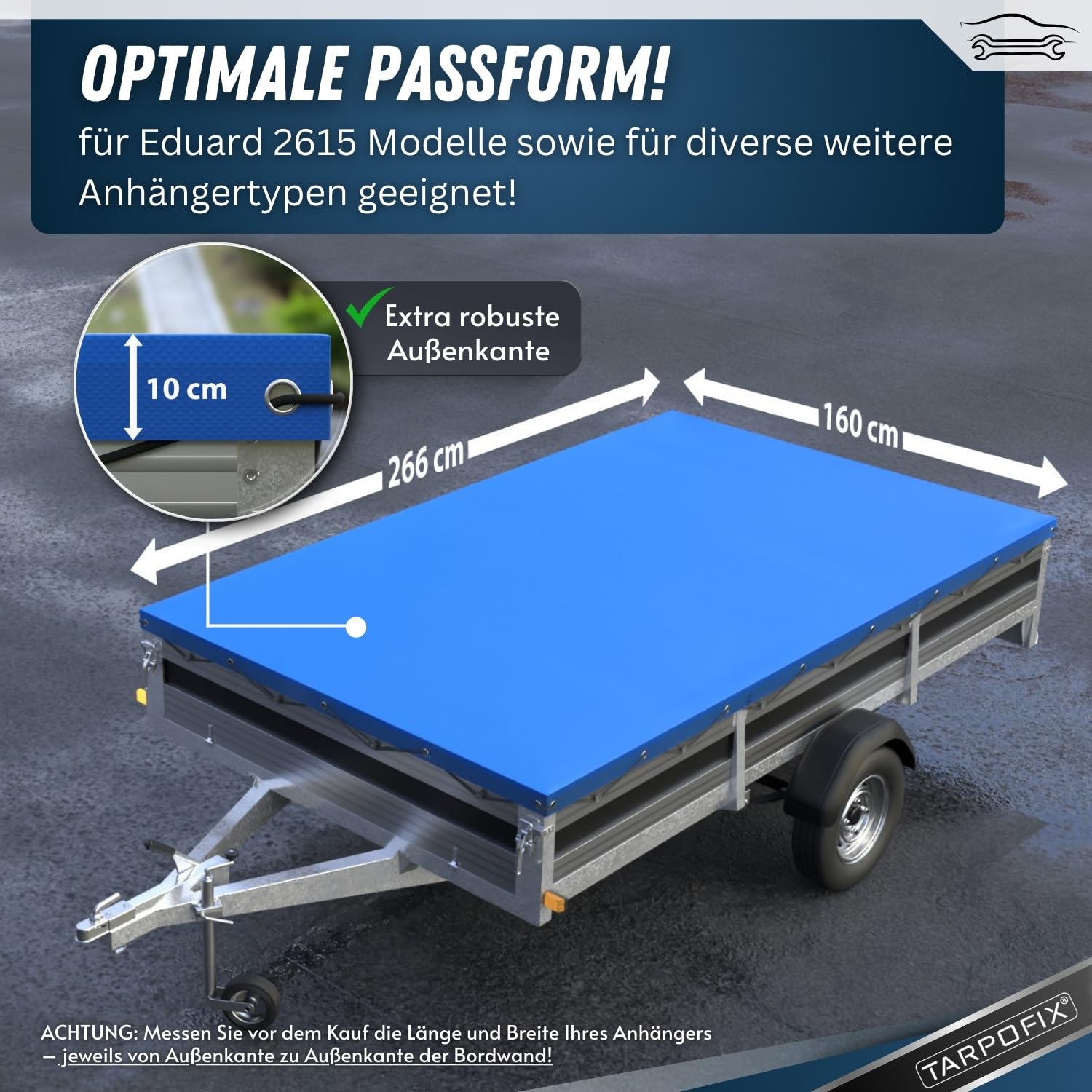 Tarpofix® Eduard 2615 Anhänger Flachplane 266 x 160 cm mit Planenseil | PVC Flachplane | verstärkte Plane für PKW Anhänger | Anhänger Zubehör Anhängerplane | Blau - 3