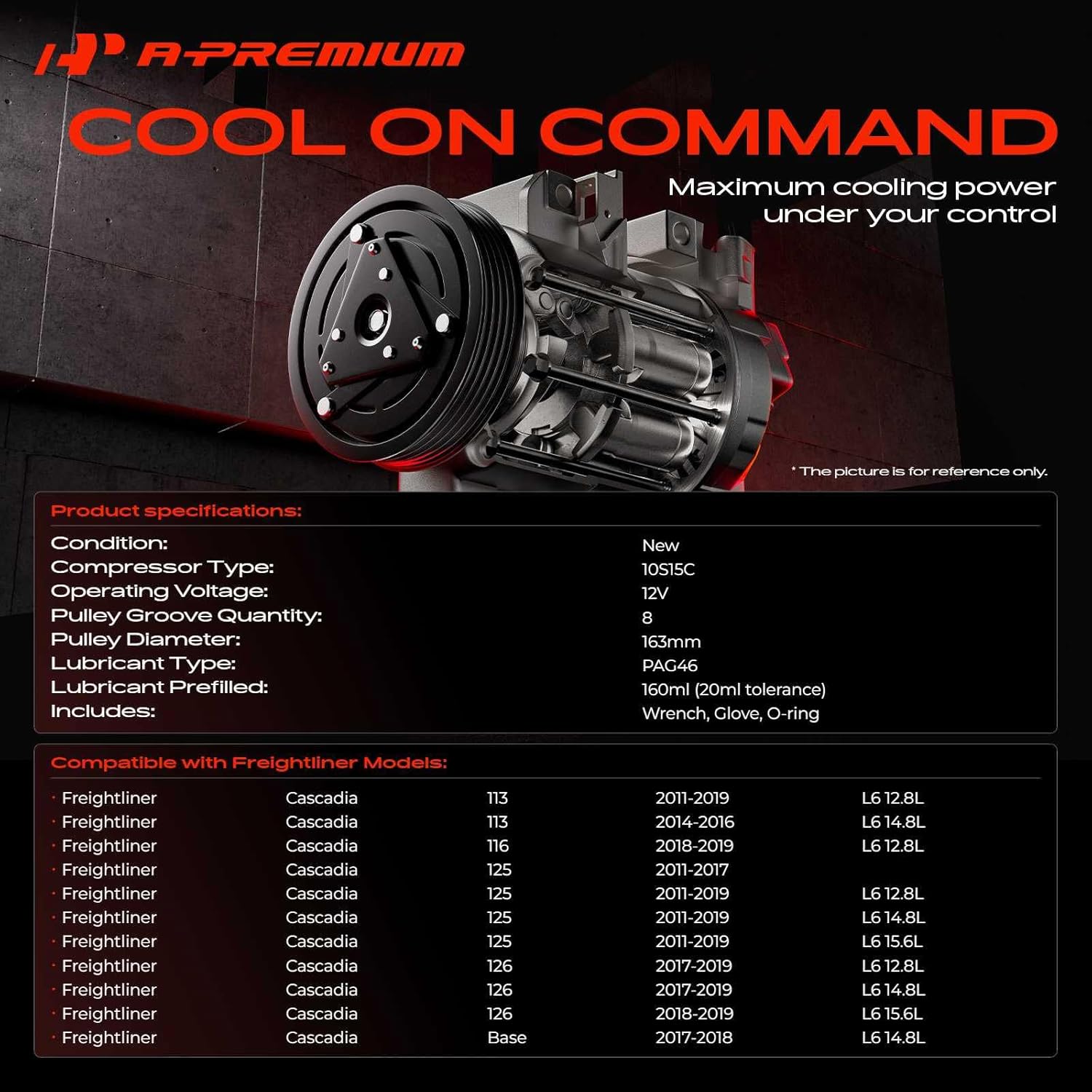 A-Premium Air Conditioner AC Compressor with Clutch Compatible with Freightliner Cascadia 2011-2019, with 10S15C Compressor, with 8-Groove 163mm Pulley