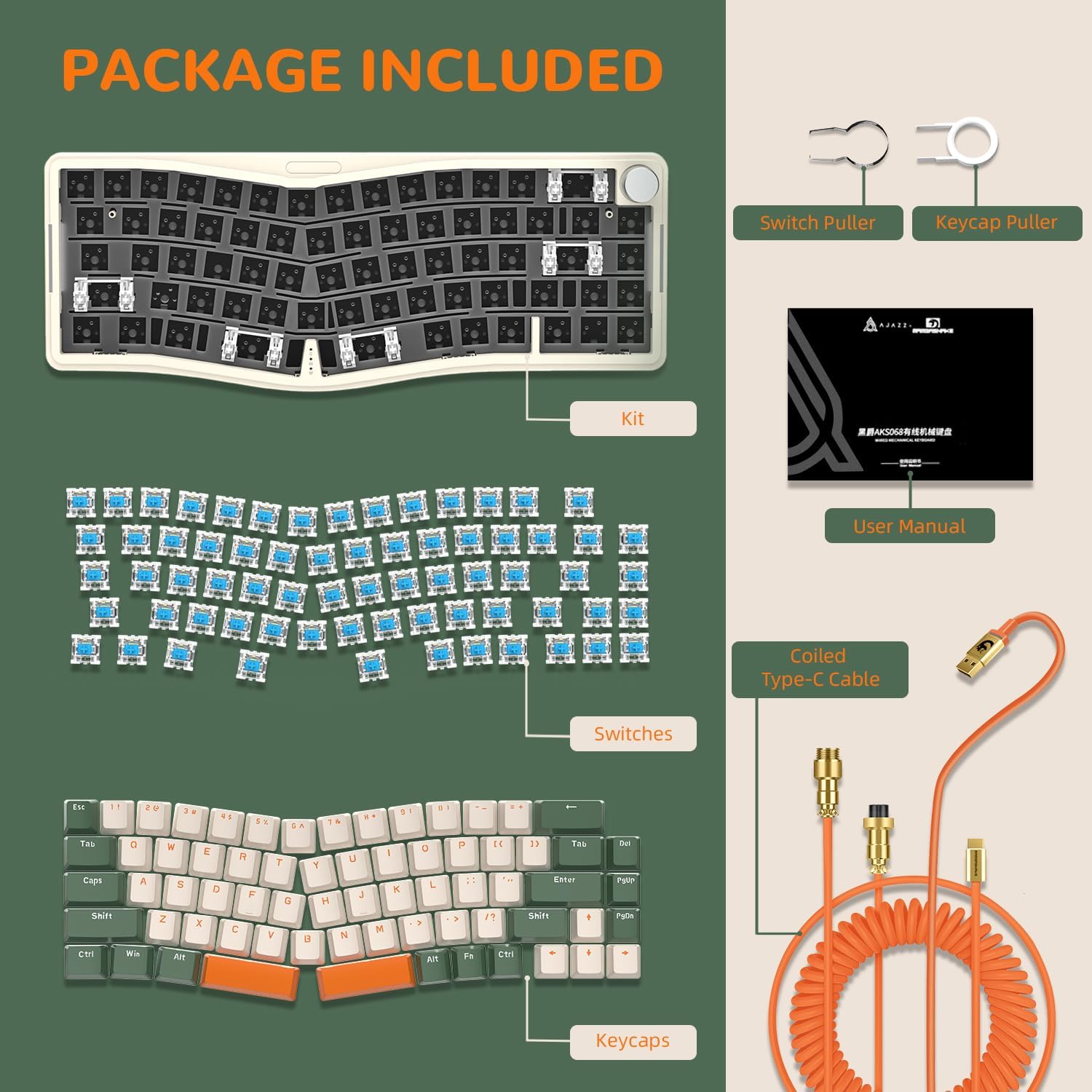 Contents of the Ajazz AKS068 keyboard package including kit, switches, keycaps, and tools