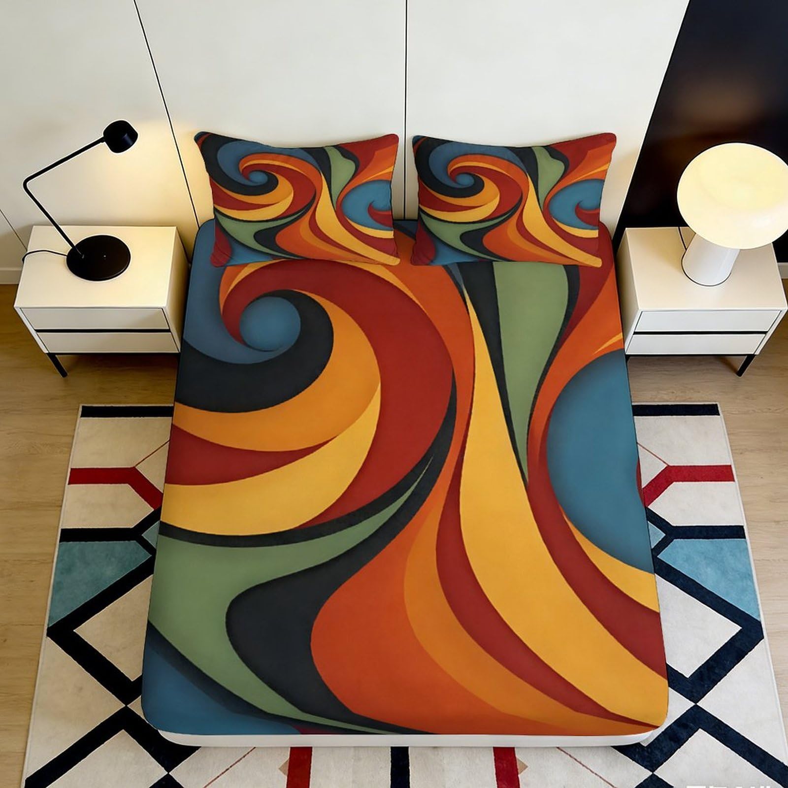 3D Printed Abstract Swirl Fitted Sheet Microfiber Soft Durable Colorful Bed Cover for Bedroom Dormitory Guest Room Mattress Protection 140x200x25cm