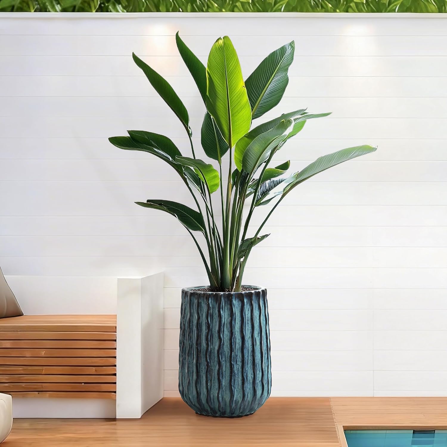 LuxenHome 17" Tall Ceramic Planter, Large Verdant Rise Ribbed Plant Pot with Drainage Hole and Rubber Plug, Green Gradient Planter Pot for Outdoor Plants, Indoor Flower Pots for Home Garden Patio