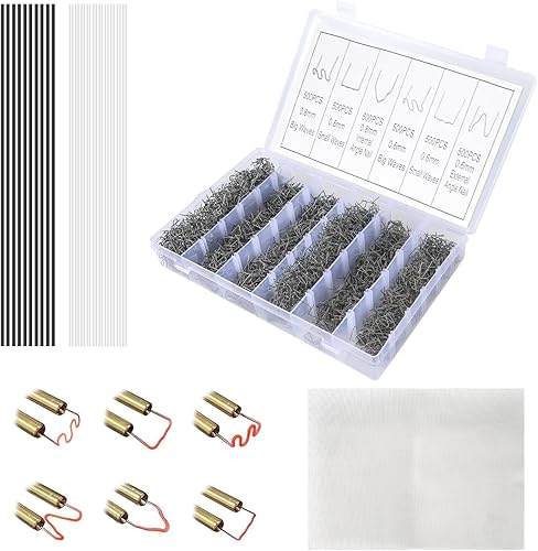 Kit de soldadura de plástico 3000 grapas de soldadura en caliente, 1 malla de reparación, 10 varillas de soldadura de polipropileno negro y 10