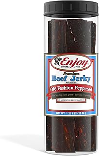 Enjoy Old Fashion Peppered Beef Jerky 20 oz Jar (Pack of 1) | 32 Count | Traditional Style | High Protein | Low Fat | No Trans Fat | No Preservatives | No MSG | No Nitrites | USA Made | Resealable Jar
