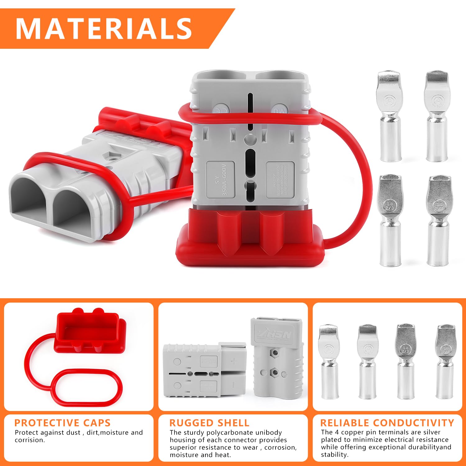 Zhushan Kit di 2 connettori a scollegamento rapido per batteria da 350 A per verricello per rimorchio, calibro AWG 2/0, grigio - alimentazione facile e affidabile
