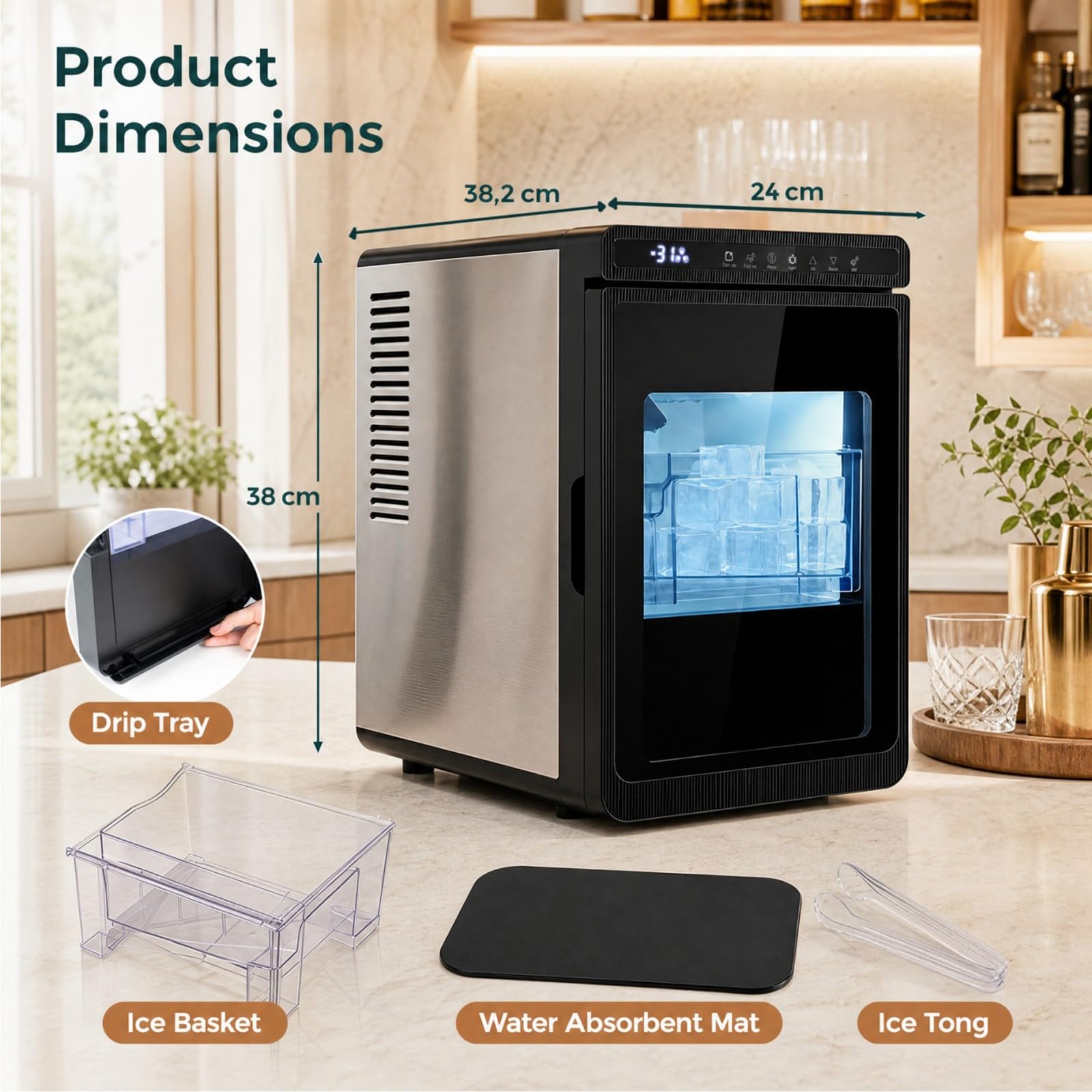 Lifezeal - Máquina de hielo transparente de 12 kg/24 h, máquina de hielo de encimera, fábrica de hielo cuadrado de 4 cm de hierro fundido lento con temporizador de 24 horas, limpieza automática para