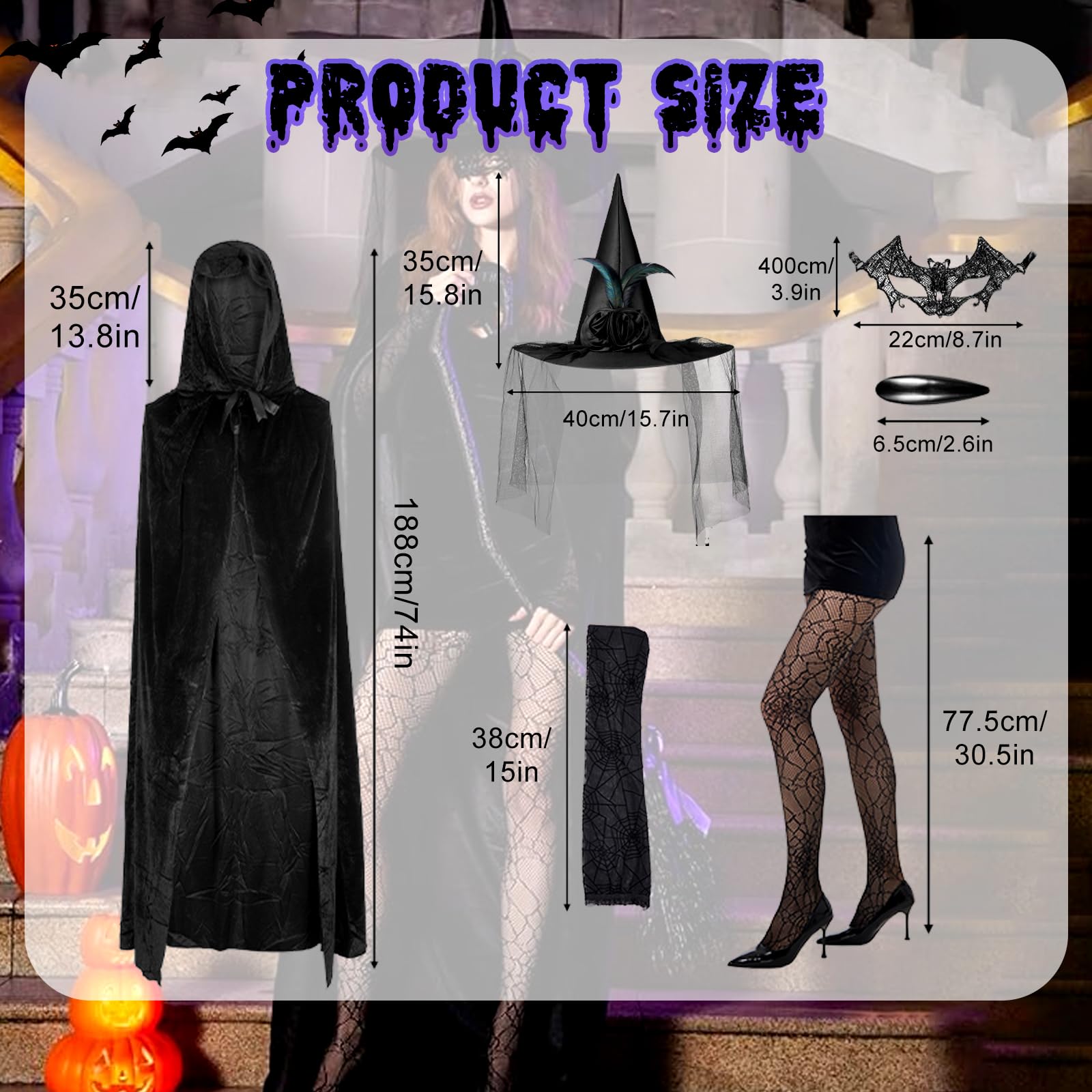 Witch Costume Set, Witches Costumes for Women Witches Costume Accessories Include Witch Hat, Spider Web Gloves, Cape, Nail - Image 2