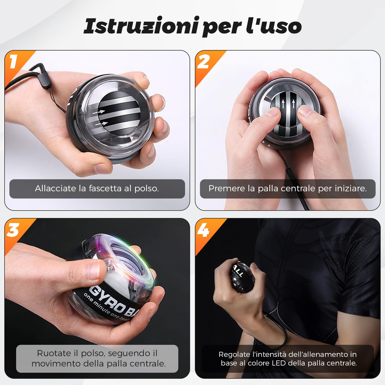 BeSokar Gyroball, Pallina Giroscopica per Allenamento Polso, 5 Livelli di Resistenza, LED, con Borsa e Braccialetto (Guscio metallico)