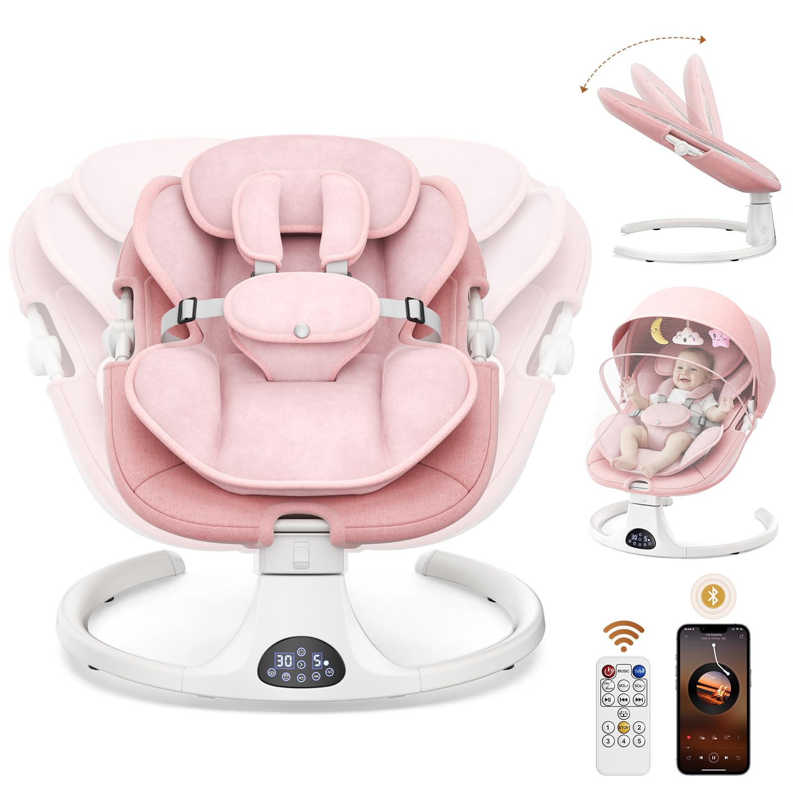 Hamaca eléctrica Bebe con arnés de 5 Puntos, 5 Modos de balanceo, Temporizador de 3 Niveles, Mando a Distancia y música, se Puede Utilizar en Interiores y Exteriores (Rosa)