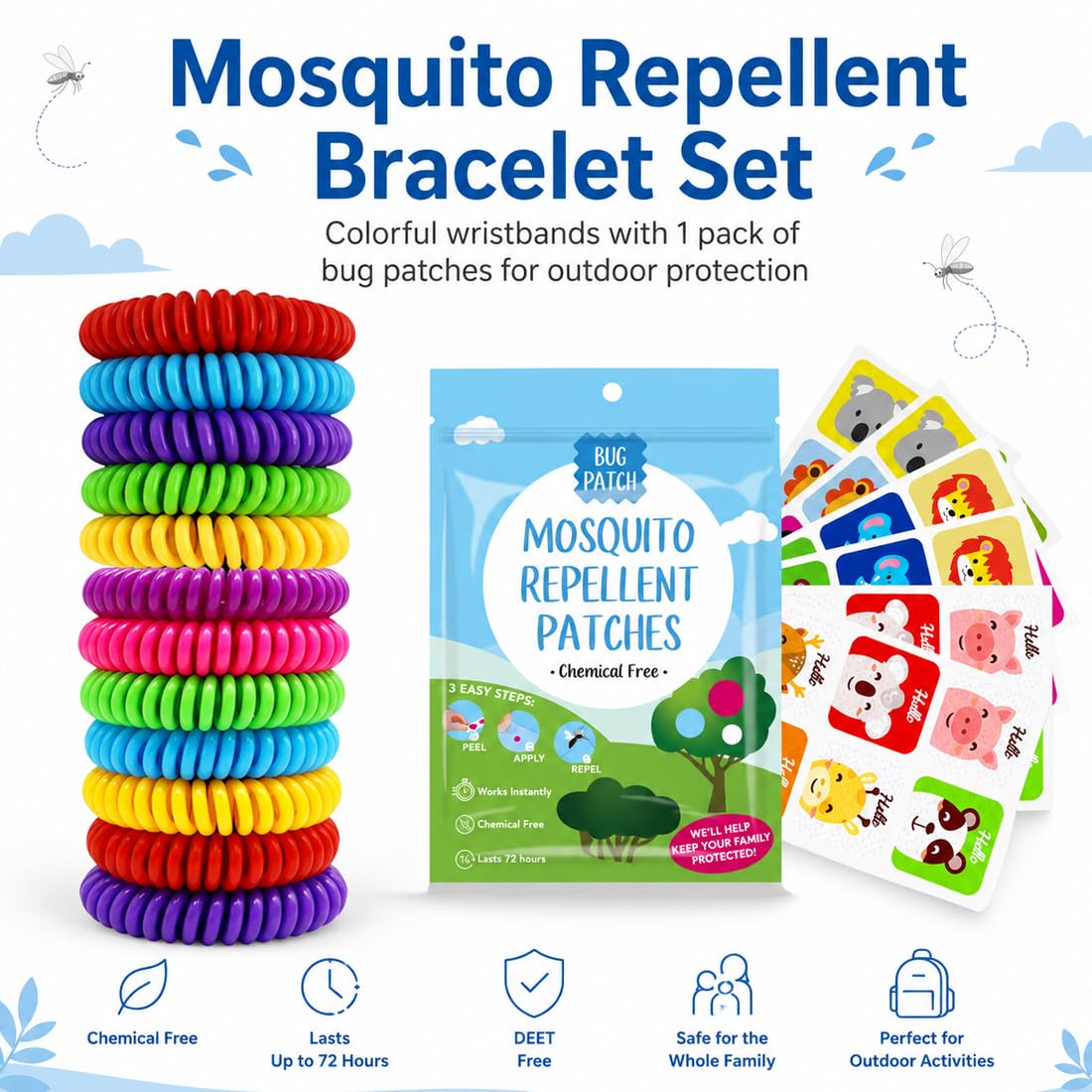 Set 10 Bracciali Antizanzare a Spirale + 36 Cerotti, Braccialetti Antizanzare con Oli Essenziali Naturali, Senza DEET, per Famiglia e Bambini, per Attività All'aperto e Viaggi