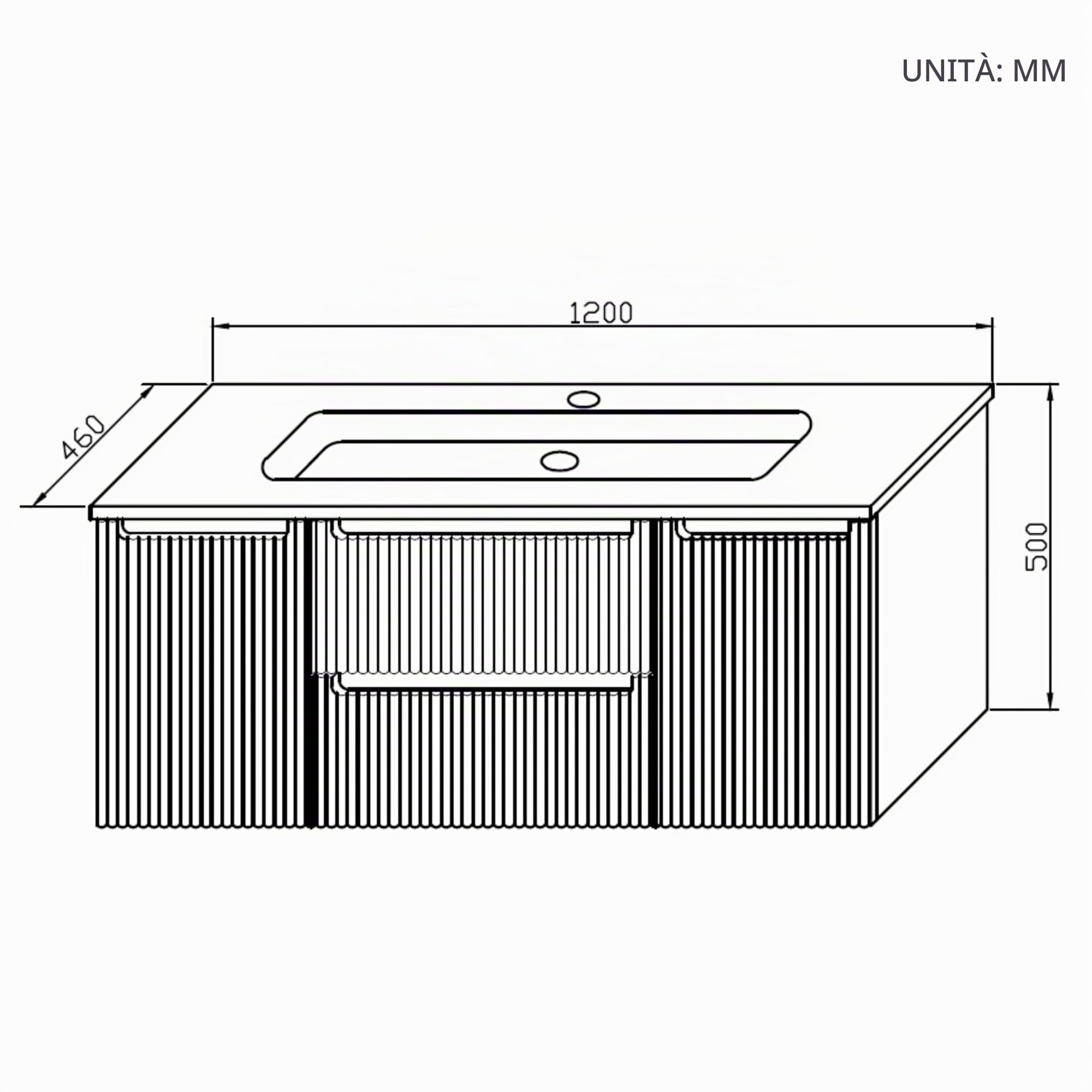 Mobile lavabo sospeso 120 cm con lavabo in resina minerale, 2 cassetti e 2 ante, ultrasottile con chiusura ammortizzata, frontale scanalato, per bagno grande, Bianco Opaco