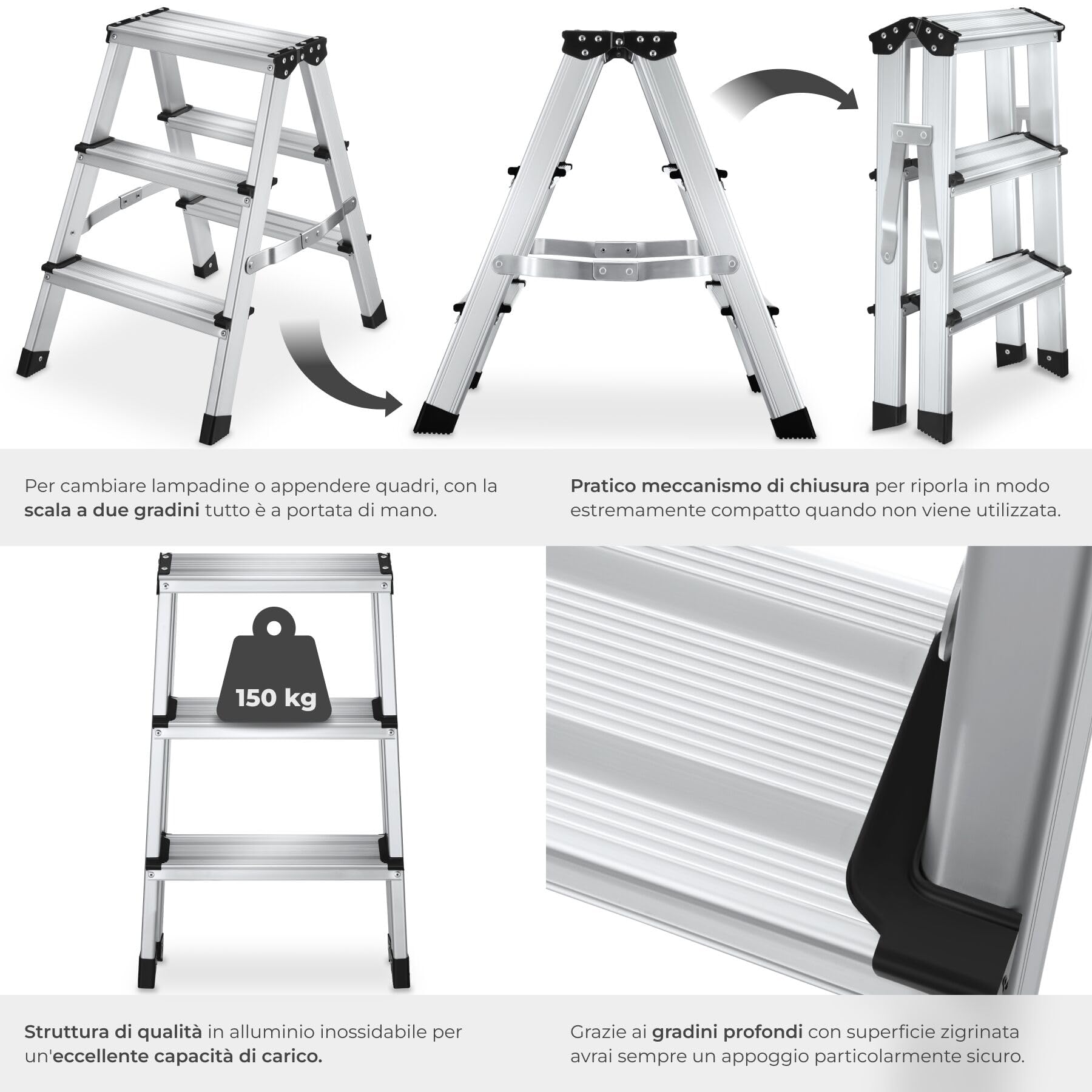 tectake® Scaletta Pieghevole in Alluminio Doppia, Scala 3 Gradini Antiscivolo, Scaletta Multiuso Salvaspazio con Doppia Salita, Scala per Casa Leggera, Piedini in Gomma, Antiscivolo, Portata 150 kg