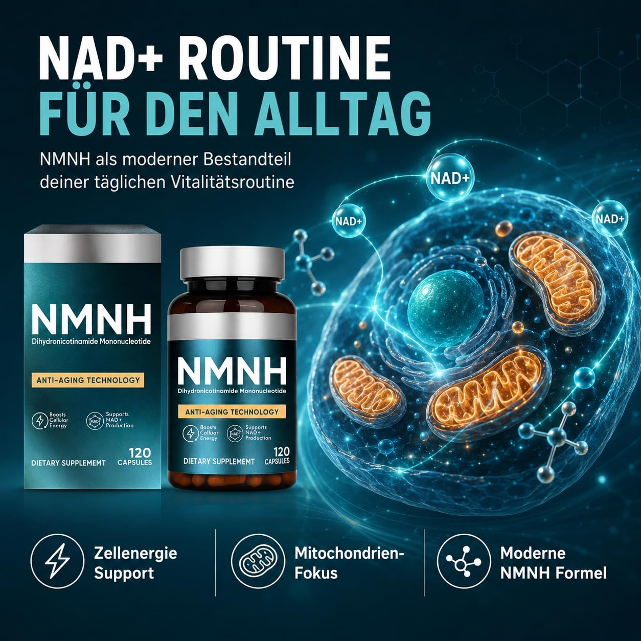 NMNH Kapseln 120pcs, Zur Steigerung Des NAD+-Spiegels, NMNH Supplement | Anti-Aging & Konzentration, Zellenergie Und Vitalität, Vegan & Ohne Zusätze