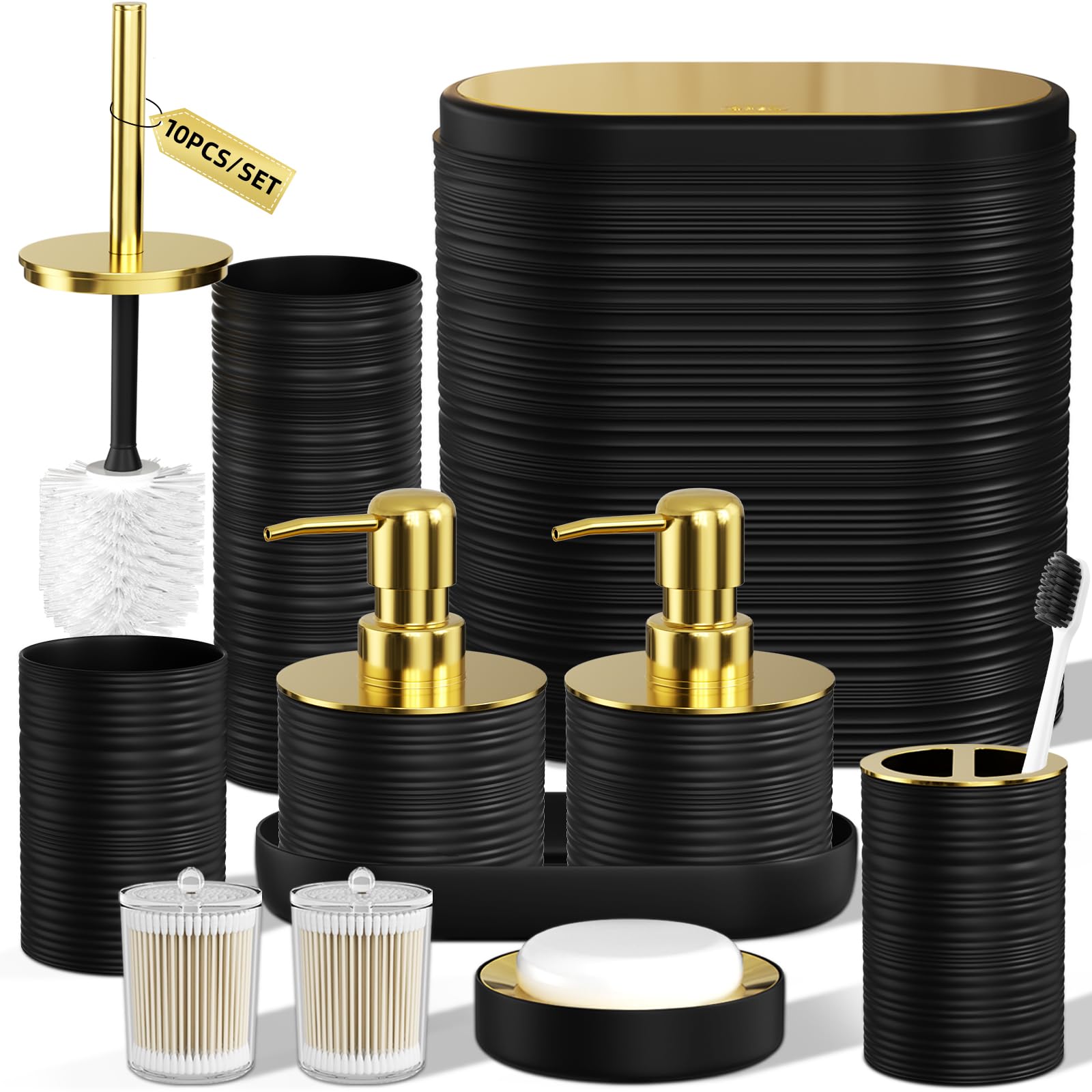 Bathroom Accessory Set, 10-Piece in Black and Gold