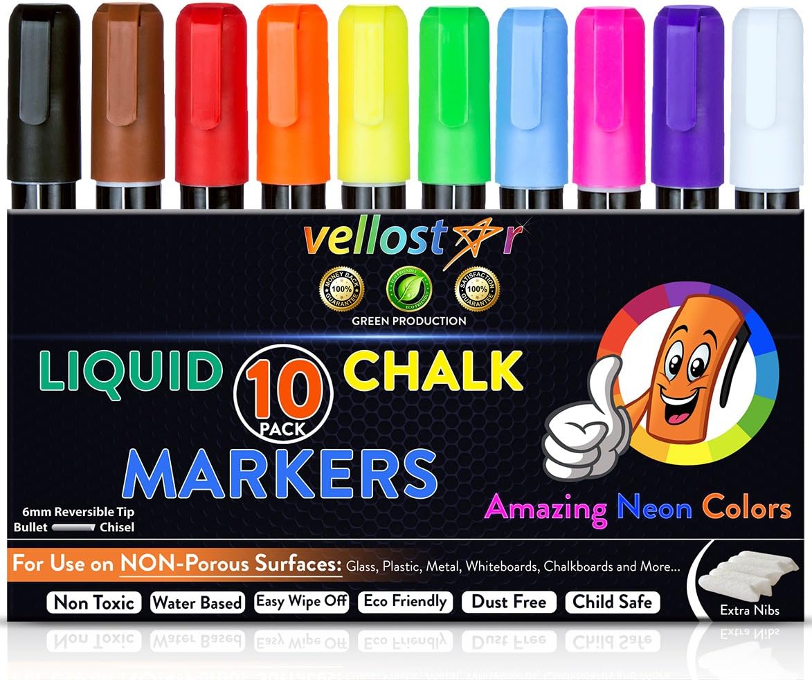 CHALK MARKERS 10-Pack w/Reversible Tip for Non-Porous Chalkboards, Non-Toxic Erasable Water-Based Liquid Chalk Pens for All-Purpose Decorations, Neon Bright Colors for Kids Art, Tip Replacer Included