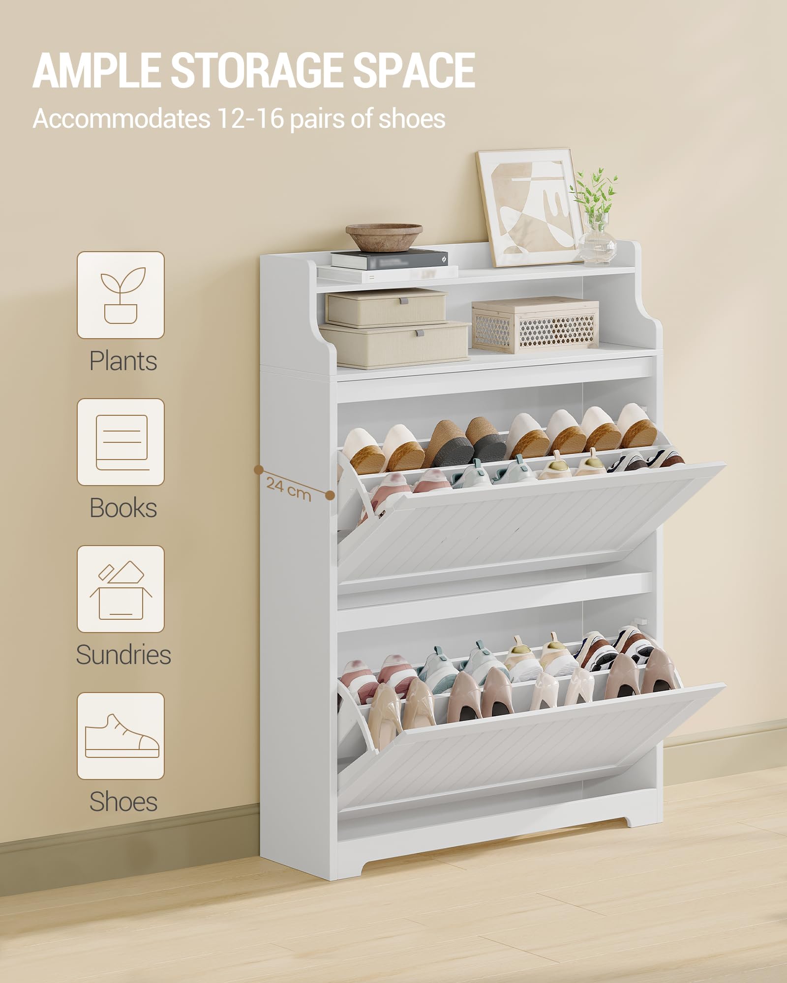 Hzuaneri Mueble Zapatero, Estrecho Zapatero Entrada Recibidor, 2 Puertas Oscilobatientes y Estantes Ajustables para 16 Pares Armario, 24 x 80 x 117,5 cm, Blanco SR66103X | Zapatero ajustable SR66103X para pasillo, salón, color blanco