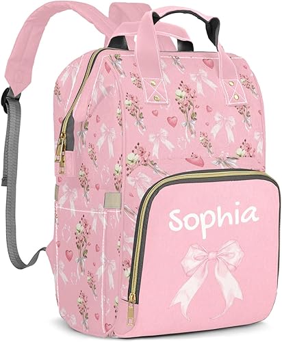 Mochila de pañales personalizada con lazo con nombre, gran capacidad, multifuncional, bolsa de mamá, impermeable, elegante bolsa de lactancia