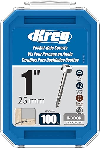 Kreg SPS-C1-100 Tornillos de bolsillo de zinc, rosca gruesa de 1 pulgada #7, cabeza de bandeja (100 unidades)