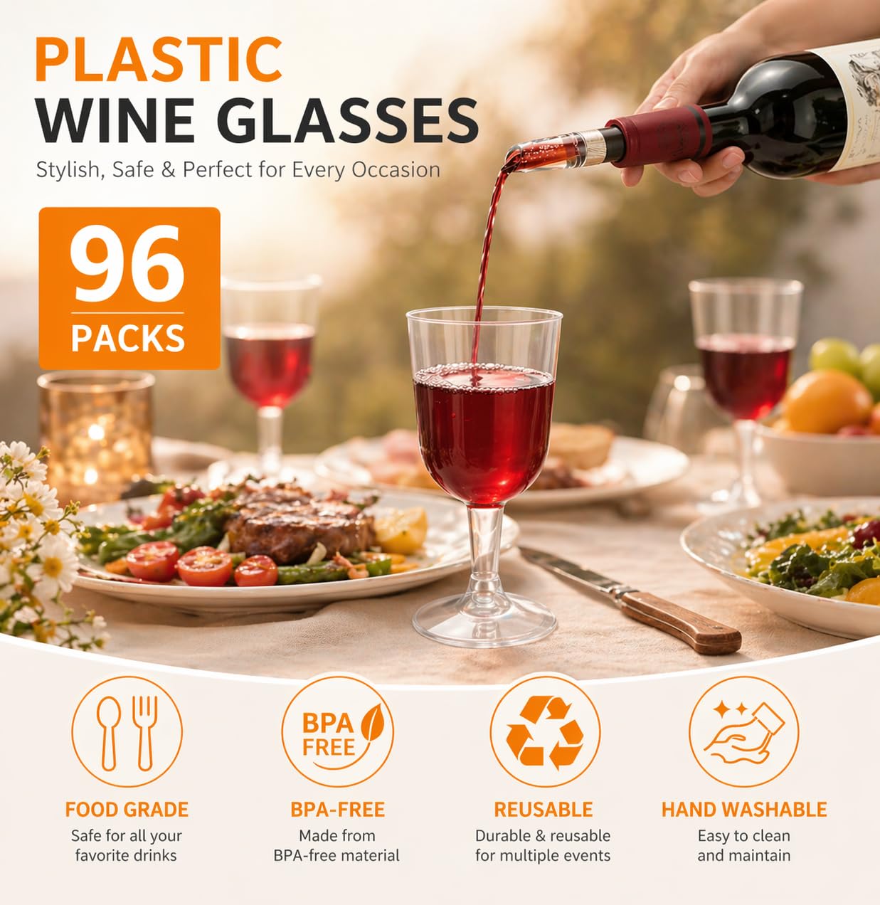 YAYODS Lot de 96 Verre à Vin en Plastique 175ml - Flûte à Champagne Réutilisable et Incassable - Verres à Cocktail Transparents avec Pied pour Mariage, Camping, Pique-Nique et Fêtes de Noël