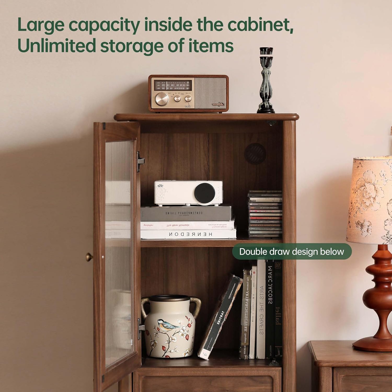 YESWOOD Solid Wood Storage Cabinet, Mid Century Modern Storage Cabinet with 2 Doors & Adjustable Shelf & Drawer, Floor Cabinet for Living Room, Dining Room(Walnut, 20.86" D x 15.74" W x 49.21" H)