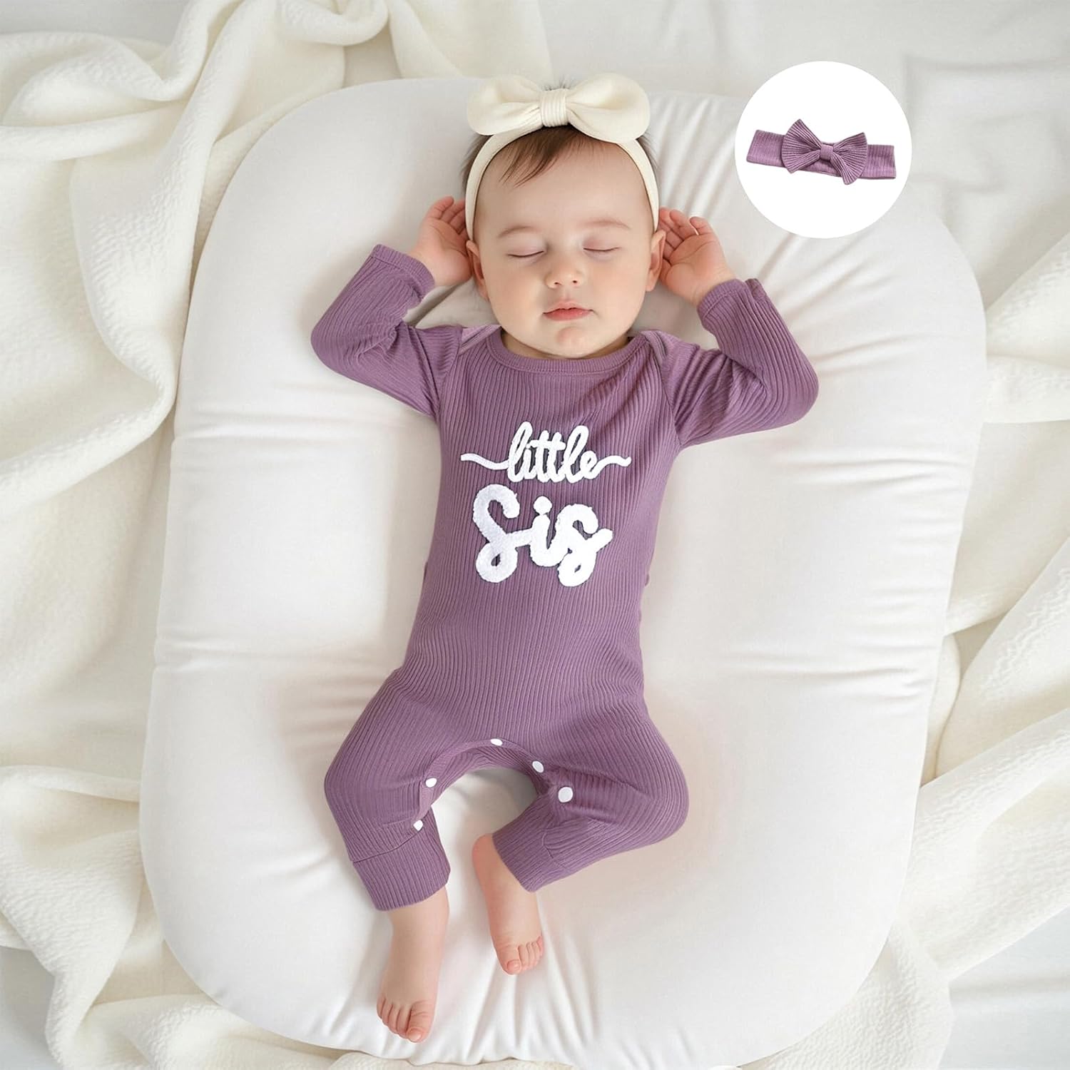 allshope Infant Baby Girl Fall Outfit Sweatshirt Romper Little Sister Lil Sis Long Sleeve Jumpsuit Newborn Clothes image 2