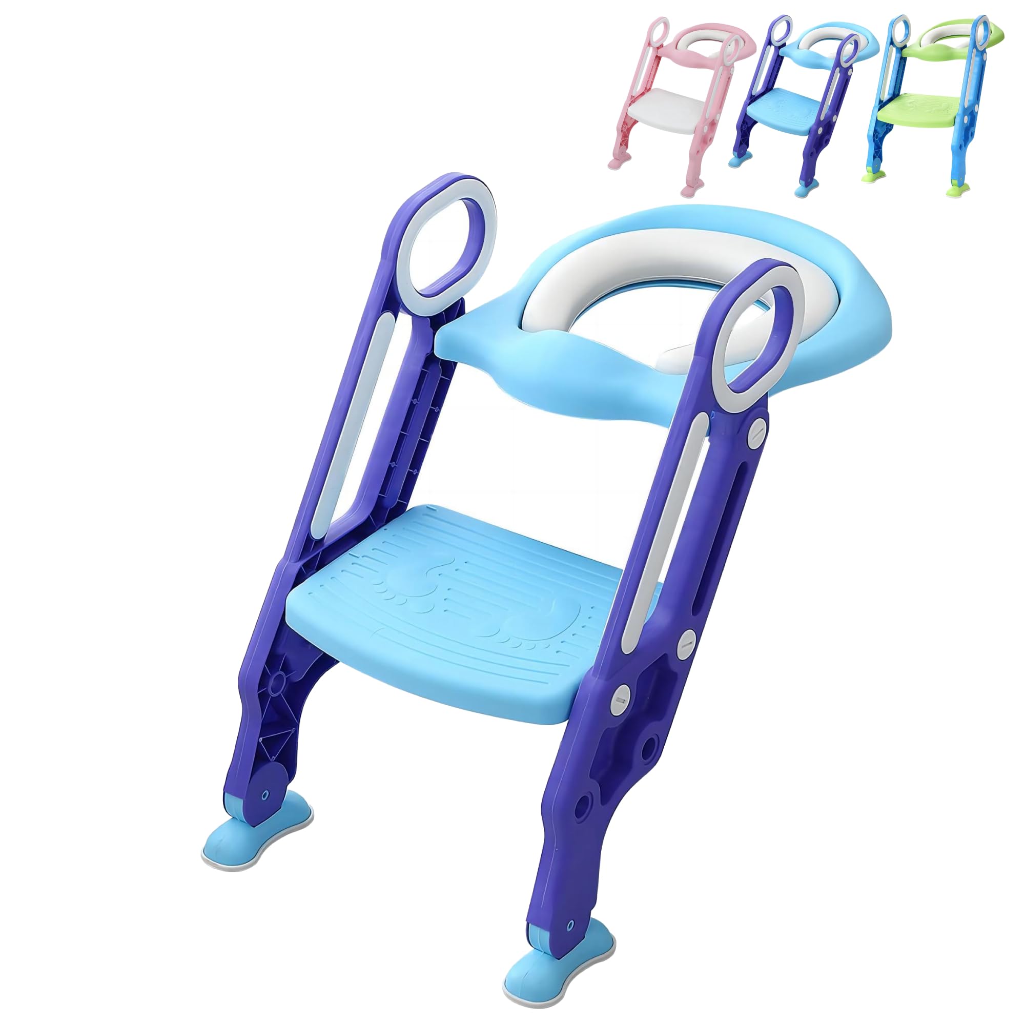 Sedile WC per bambini per WC per adulti, riduttore per WC pieghevole, con cuscino e maniglia, per WC per bambini con scala regolabile a 2 piani (blu e lilla)