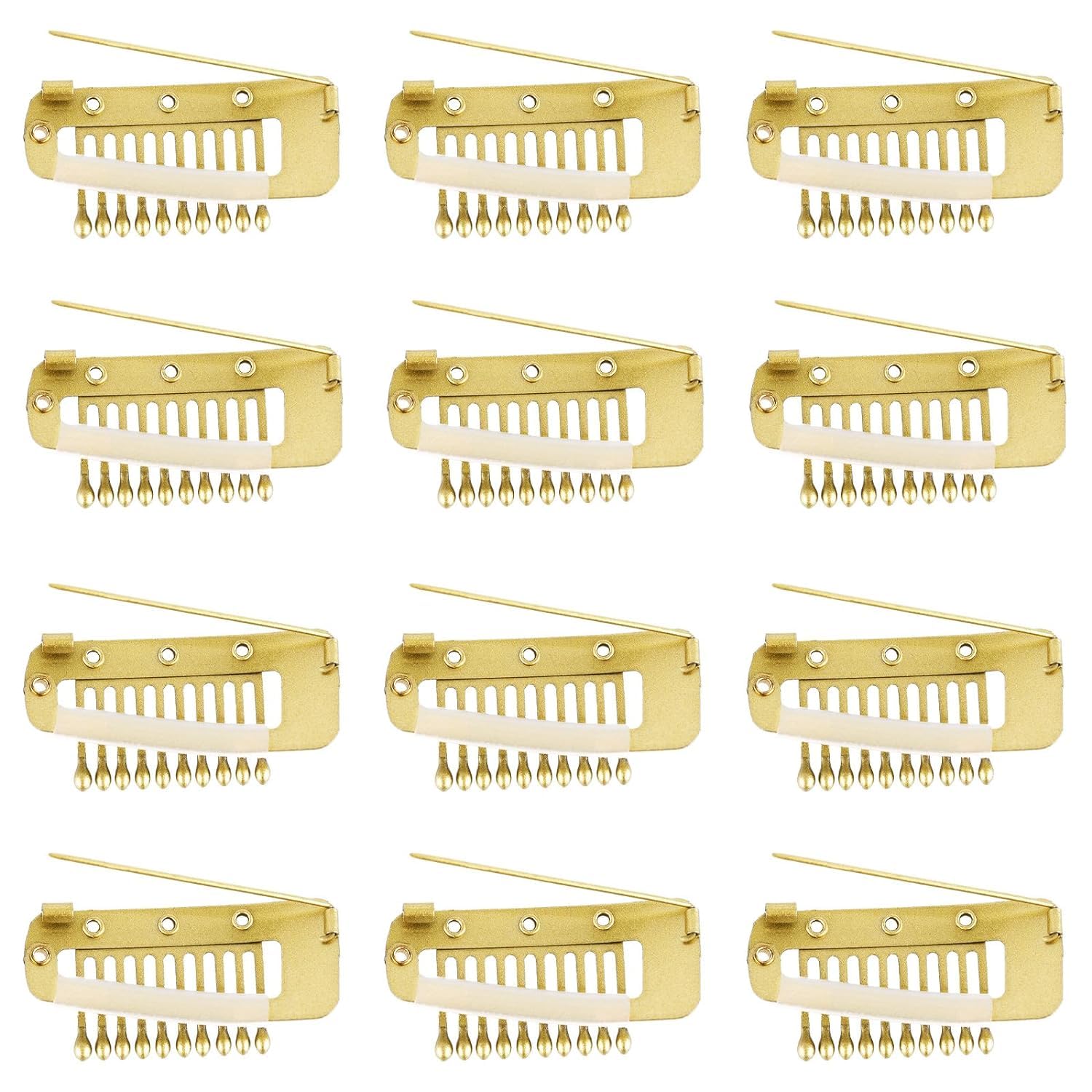 INHEAVEN 12pcs Wig Clip with Safety Pins, 10-Teeth Hair Extension Snap Clips Invisible Strong Wig Combs to Secure Wig No Sew Chunni Grip Dupatta Clips (GOLDEN, 12)
