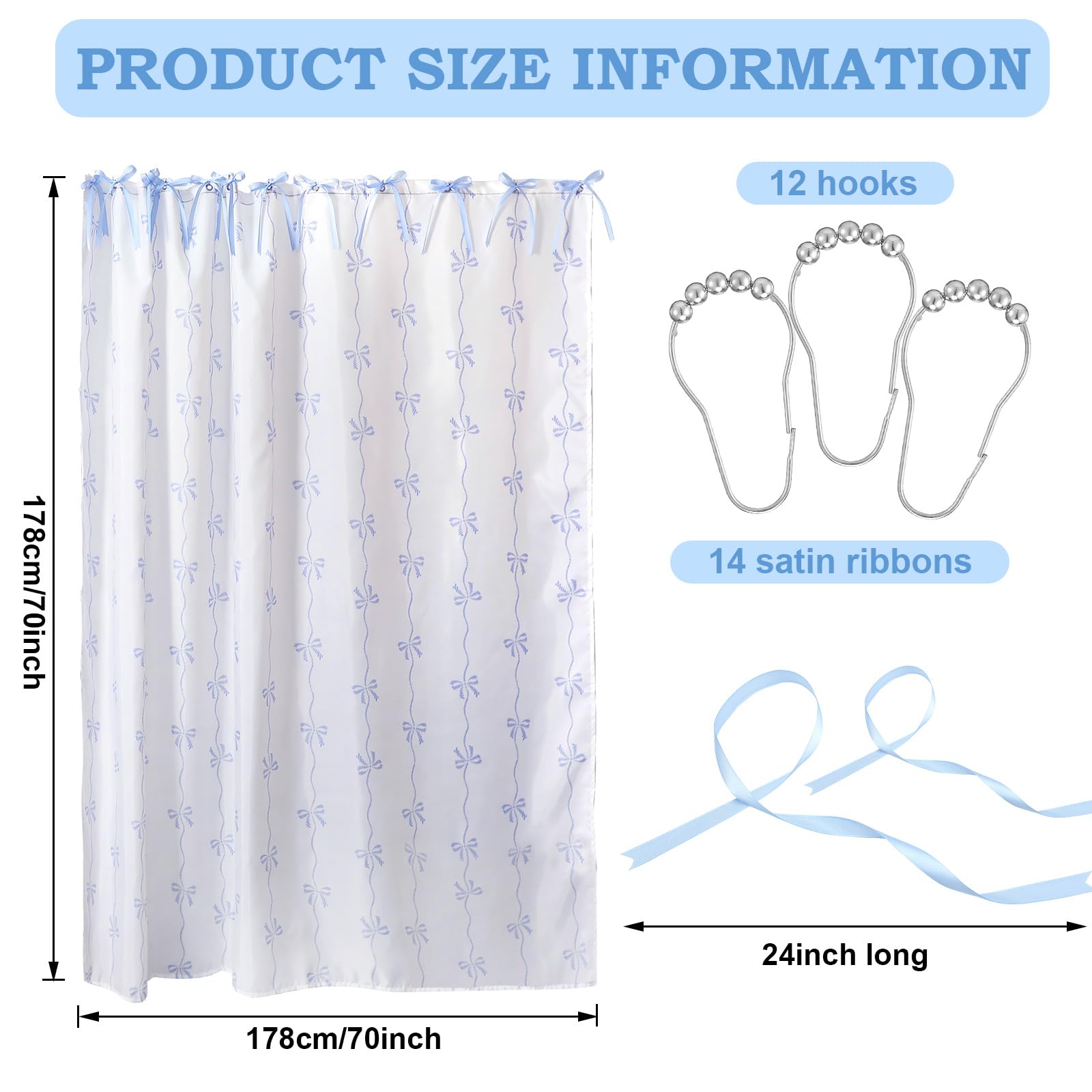 27 Pcs Coquette Blue Bow Shower Curtain Hooks Blue Bow Ribbons 72x72 Inch Handcrafted Fabric Cloth Shower Curtains for Girls Gift Bathroom Home Coquette Party Decor Supplies Favor