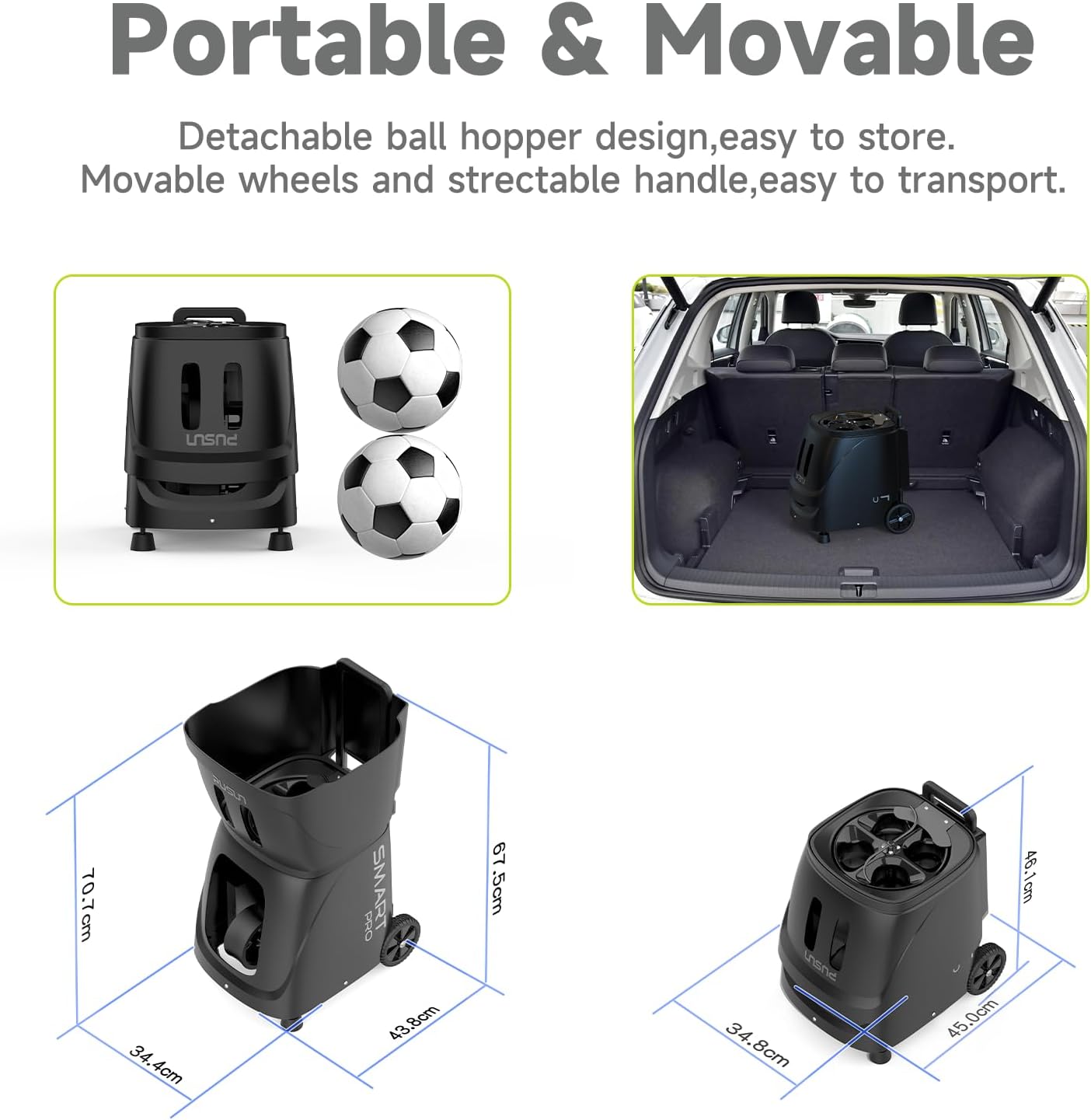 Diagrams illustrating the detachable ball hopper design and movable wheels of the PUSUN PT-Smart Pro Tennis Ball Machine, showing its compact storage and transportability.