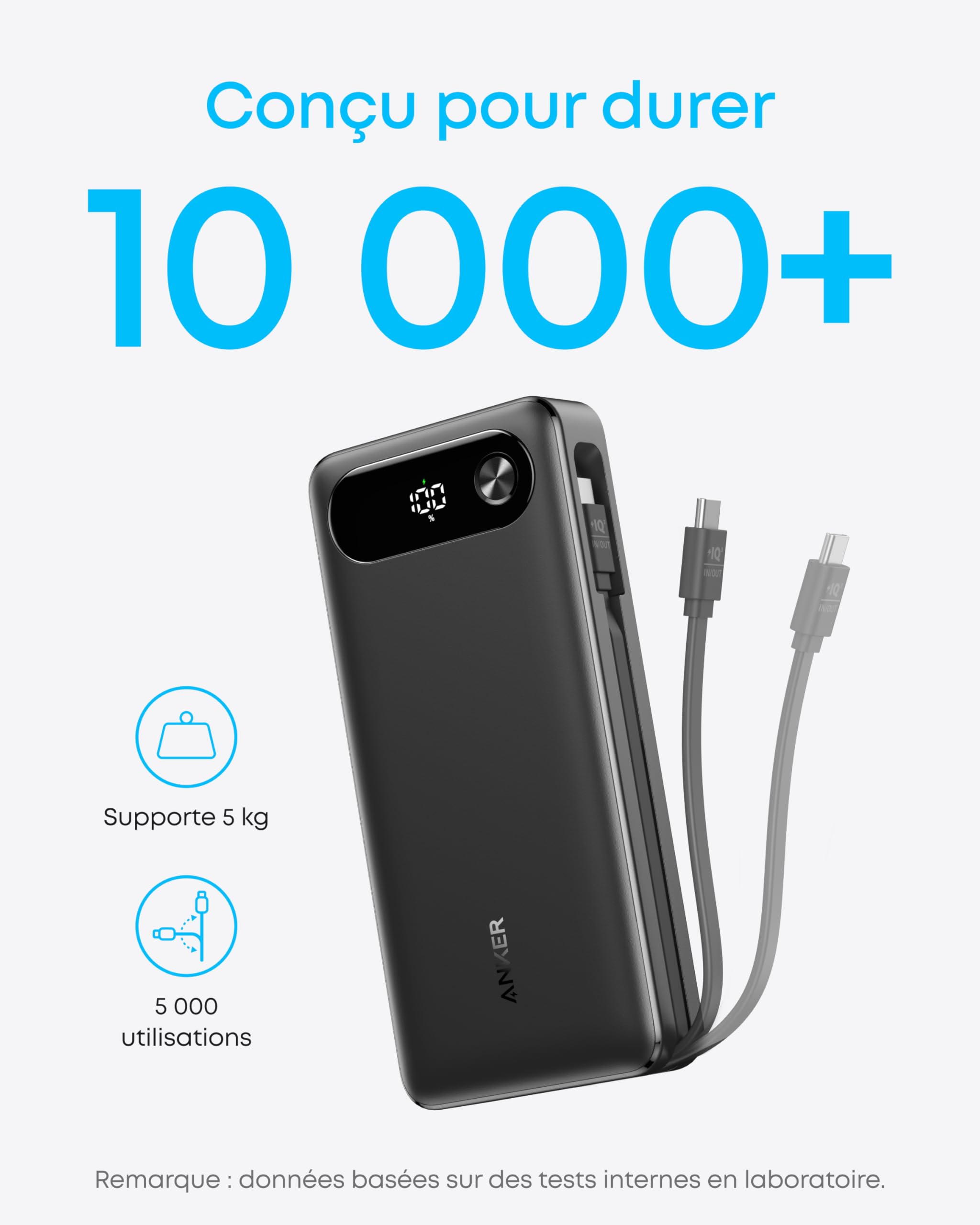 Anker Batterie Externe 20000 mAh 87W Max avec câble USB-C intégré, Power Bank Charge Rapide Chargeur Portable, USB C Input & Output, pour MacBook, iPhone 17 Pro max/16, Samsung et Autres