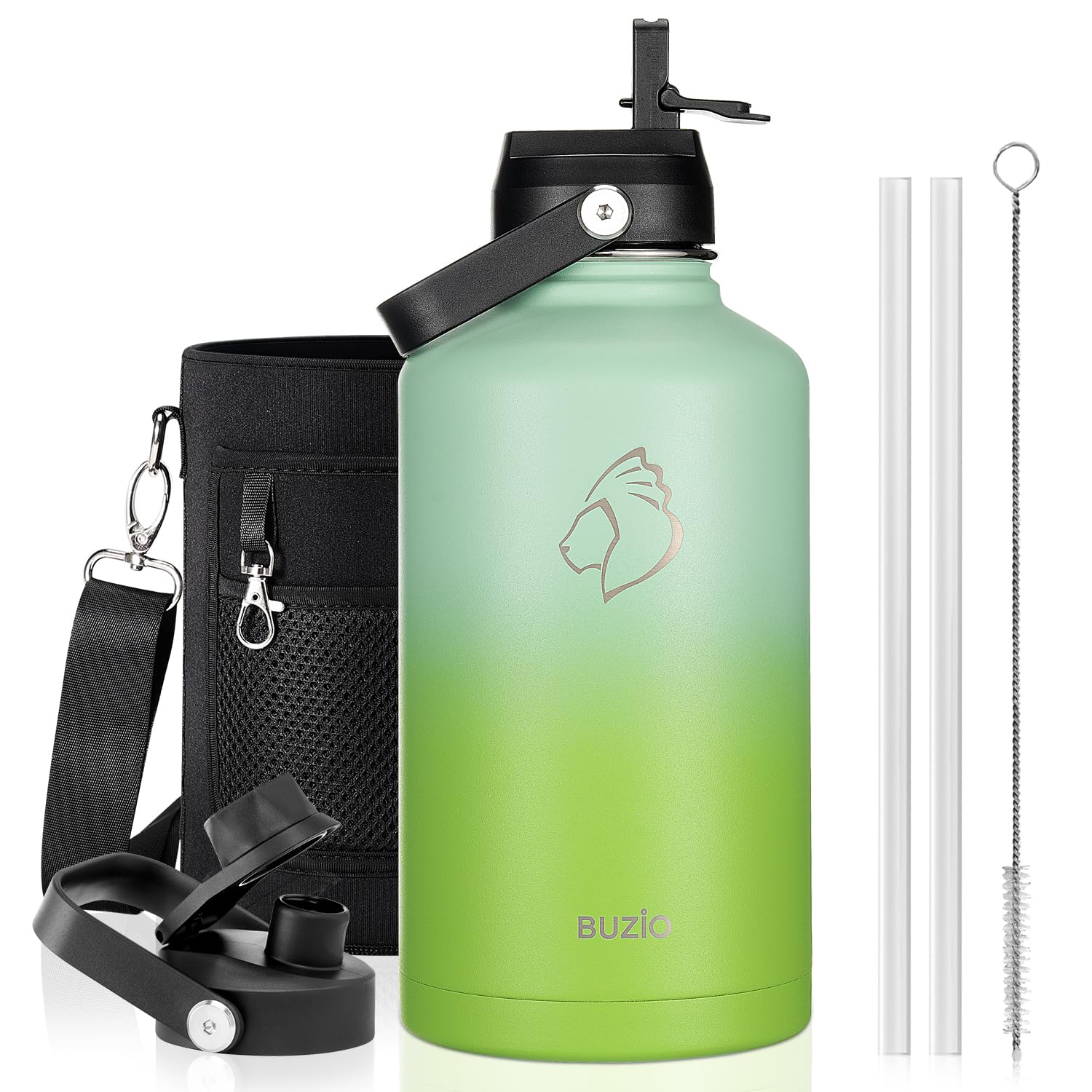 BUZIO 64oz Insulated Water Bottle, Triple Wall Stainless Steel (Cold for 48 Hrs) Leakproof Half gallon Jug/Flask with Straw Lid and Carry Bag for Sports Hiking, Camping, Gradient Green — image 1