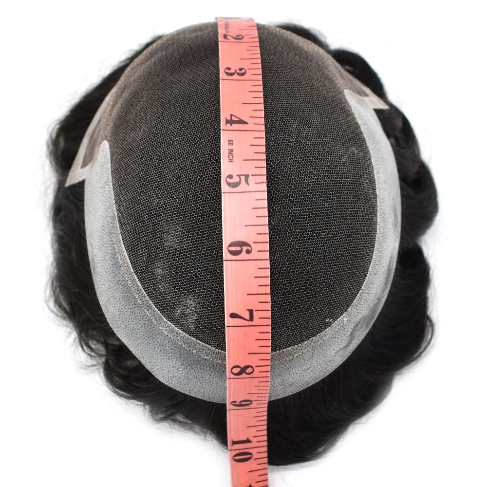 Hair System For Men Swiss Lace Men Toupee Hair Piece For Men Lace Front Toupee For Men Real Human Hair Mens Hair Replacement System 6x9-90% light density1B# OFF BLACK