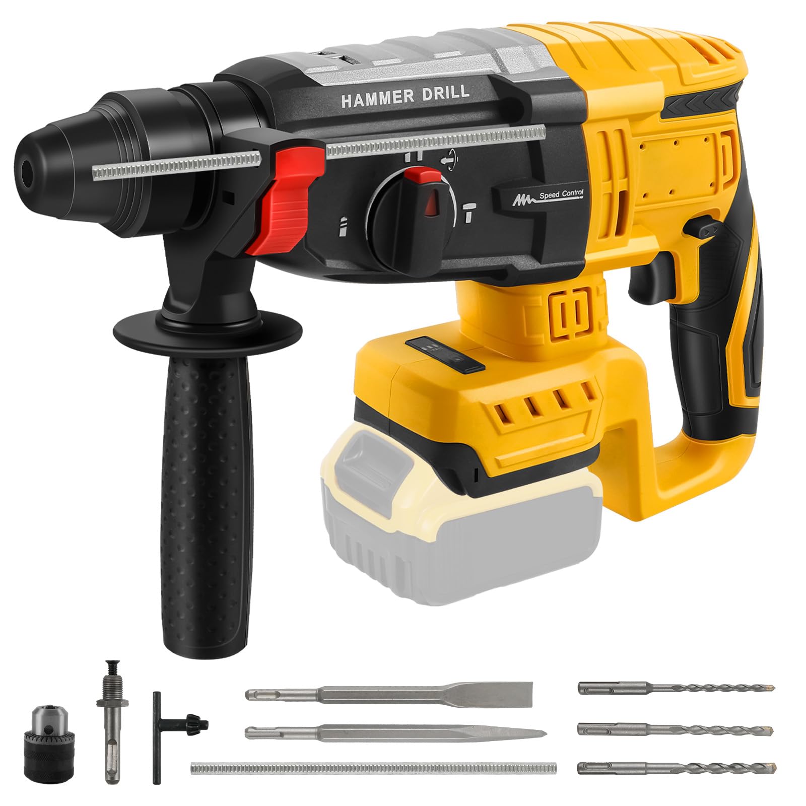 Roadtime 2.6J Hammer de forage 600W pour DeWalt 20Vbatterie (sans batterie) | vitesse du marteau 1100 tr/min,hammer combiné avec broche de forage 3x SDS PLUS,avec 4 fonctions