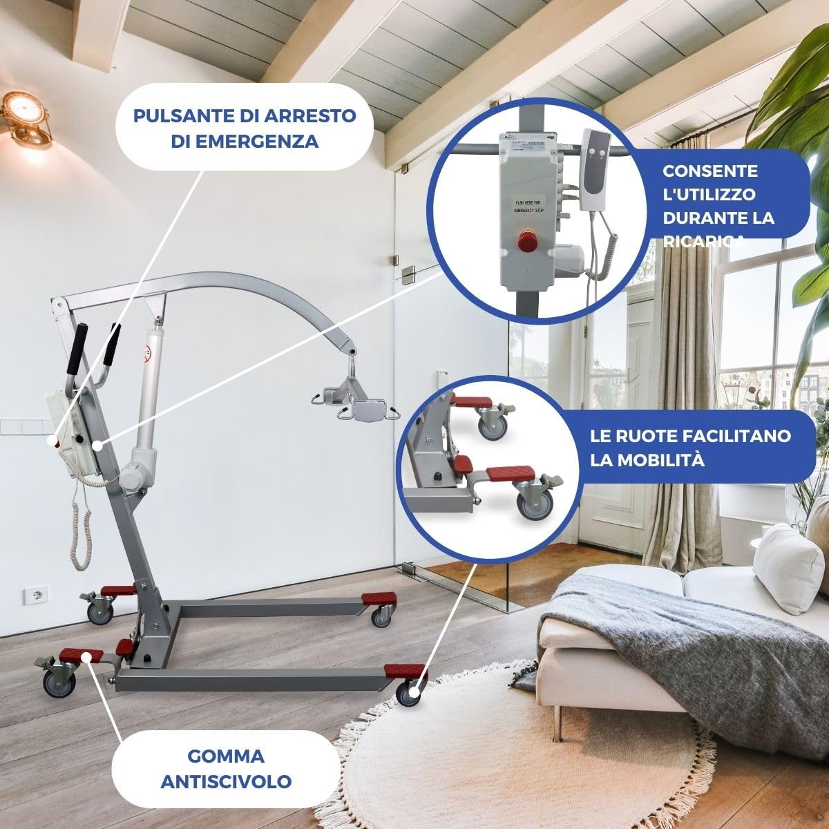 Mobiclinic®, Sollevatore per anziani, Elettrico, Fortuna basic, Imbracatura di trasferimento inclusa, Sostiene fino a 180 kg, Due batterie, Regolabile, Ruote sicurezza bloccate, Resistente