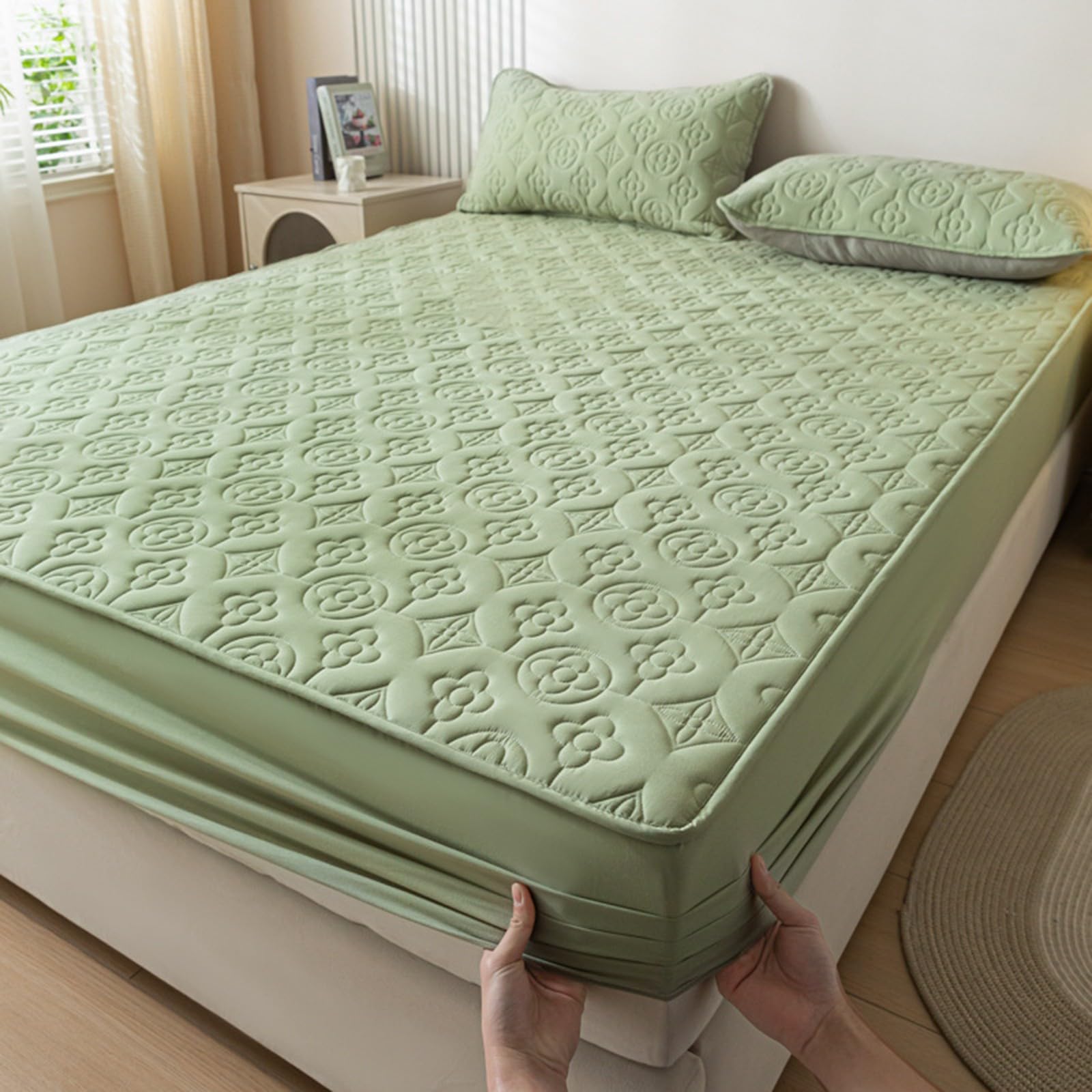Gesteppter Wasserdichter Matratzenschoner,Matratzenschoner 3-teiliges Set Spannbettlaken,Bequeme Hypoallergene und Geräuschlose Matratzenauflage,Leicht zu Zerlegen und zu Waschen(Green,90x200cm)