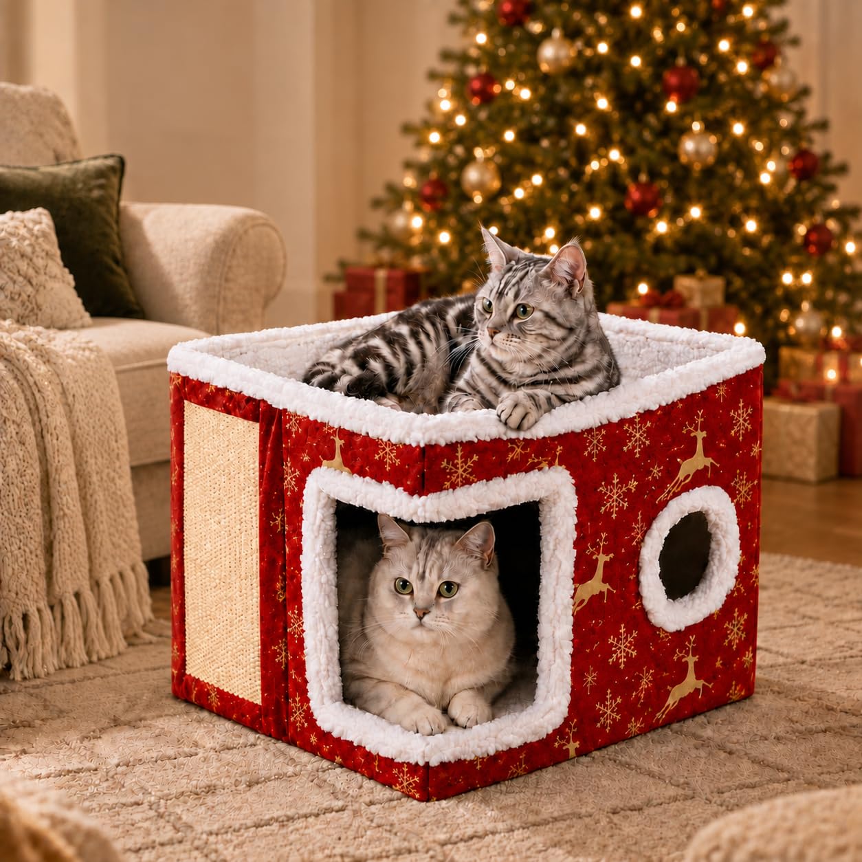 JoyKeeper Christmas Cat House with Scratcher, 2-in-1 Foldable Cat Cave Bed