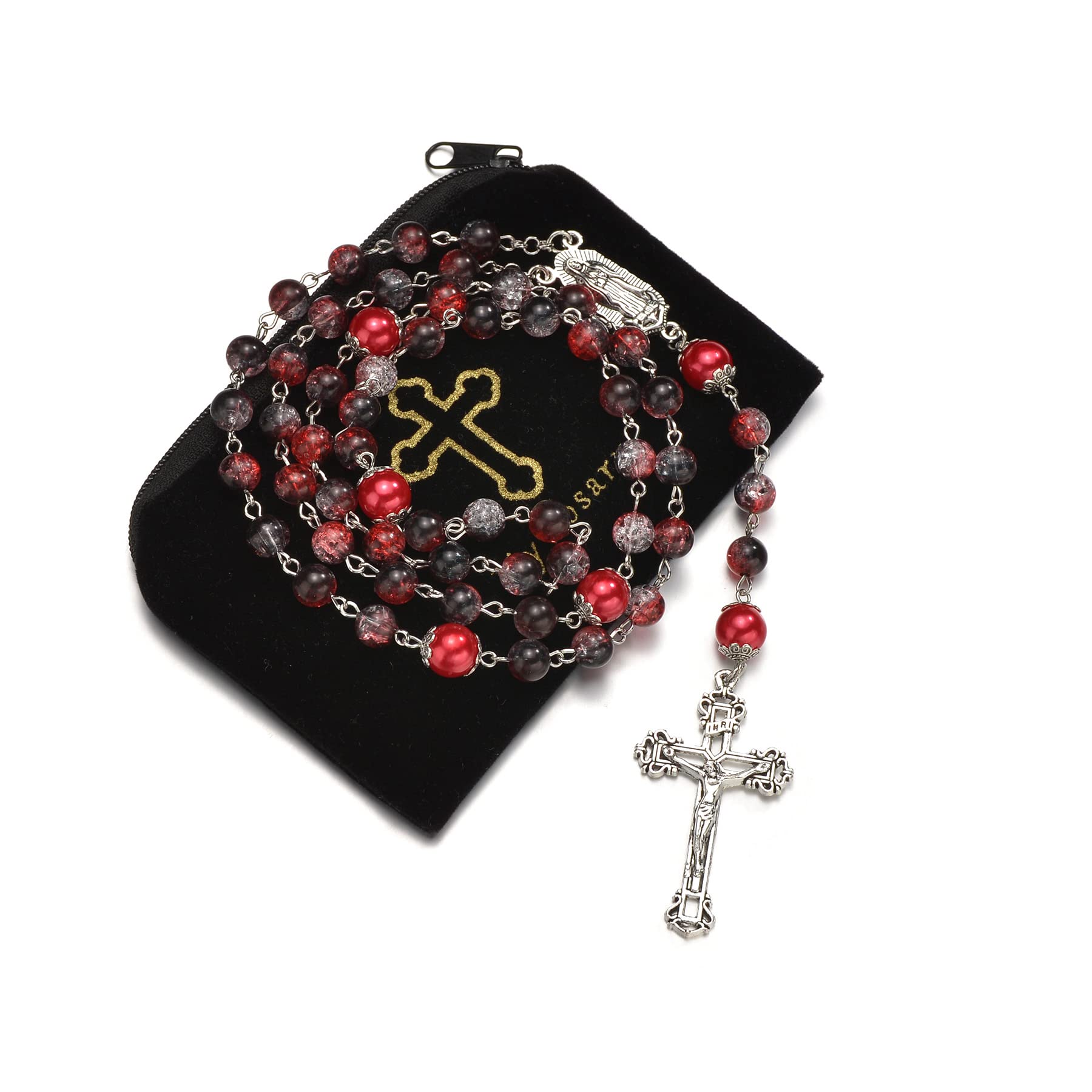 SALOMOCA Rosary 8mm Crystal Glass Beads Catholic Guadalupe Medal Red Beads Rosary Necklaces Perfect for Women Girls Jewelry Christian Gifts in