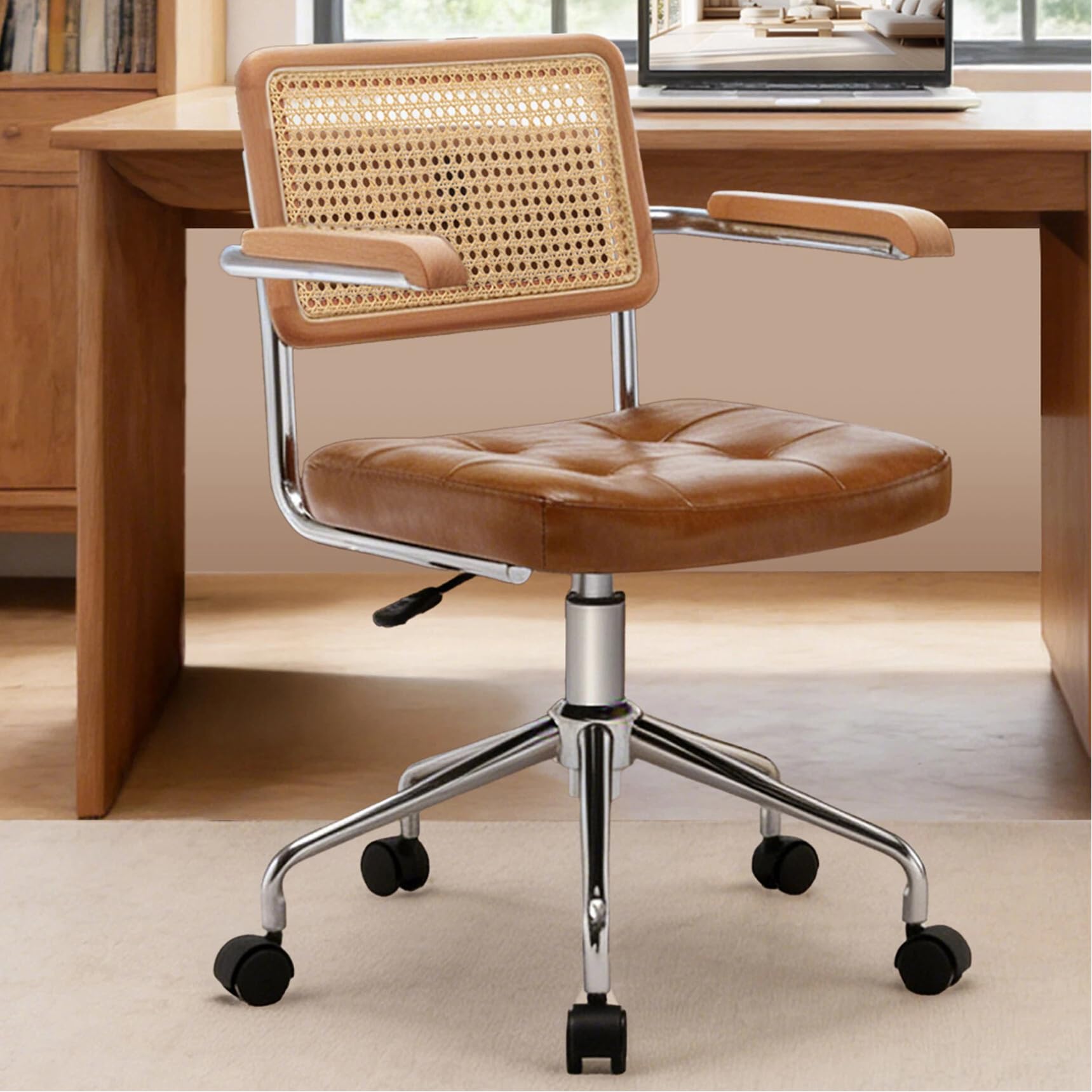 Zesthouse Leather Office Desk Chair with Wheels, Mid Century Rolling Desk Chair with Wood Arm & Natural Rattan Back, Modern Swivel Home Office Chair, Small Height Adjustable Computer Task Chair, Brown