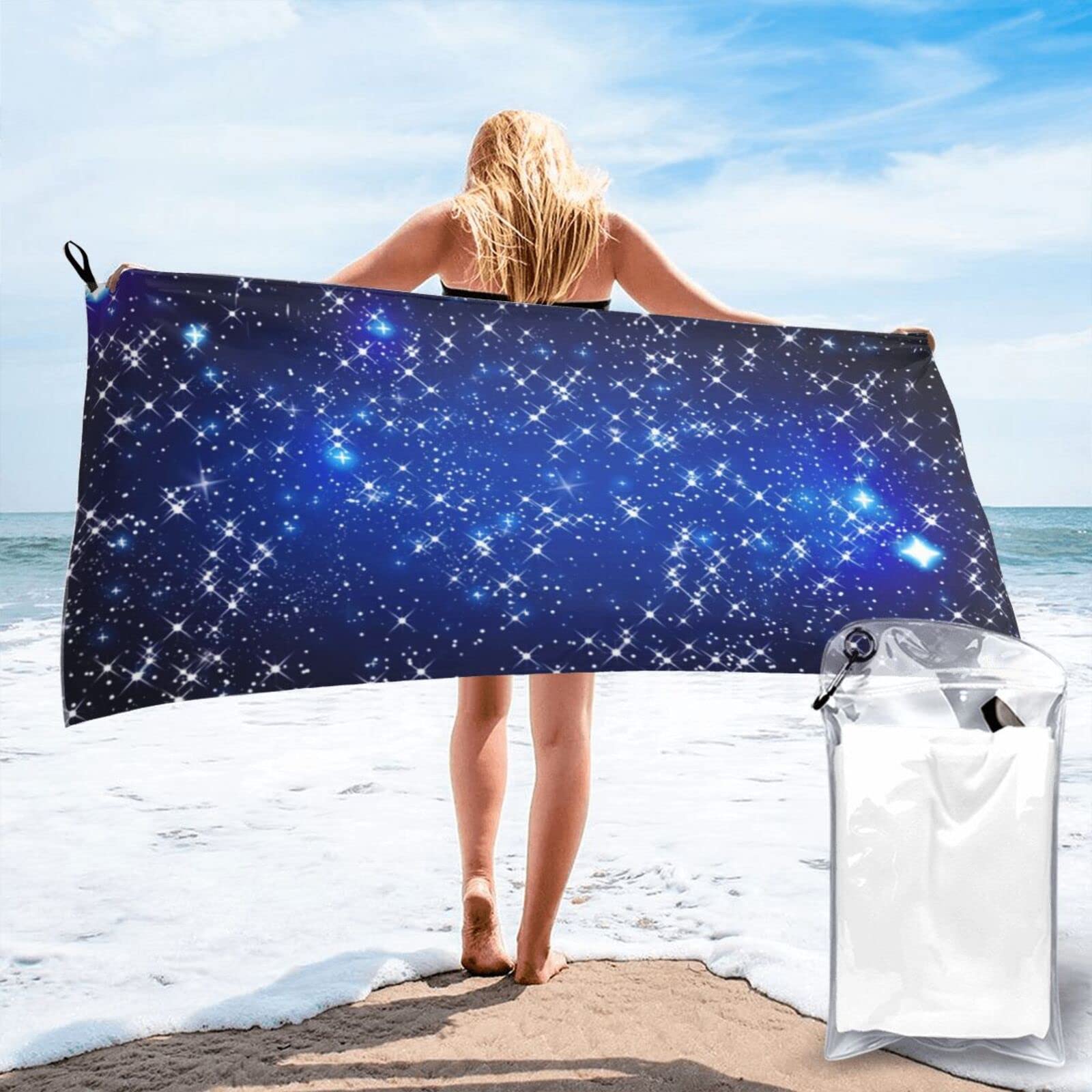 Lawenp Sparkling Starry Sky Microfiber Beach Towel Adults Large Quick Drying Bath Towel Travel Towels with Pouch 31.5"x63"
