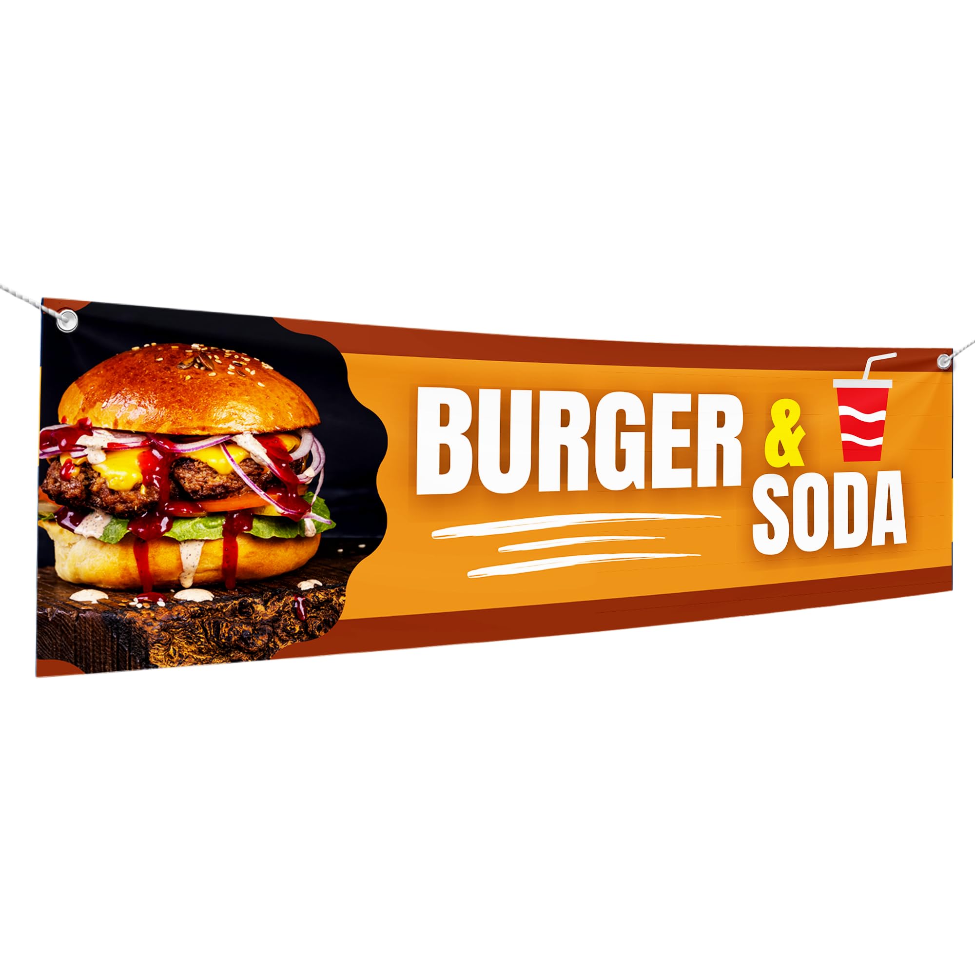 Mavis Print - Pancartas y carteles grandes de hamburguesa y refrescos para exteriores de poliéster con 4 agujeros para colgar fácilmente en interiores y exteriores, pancarta HD de 6 x 2 pies para