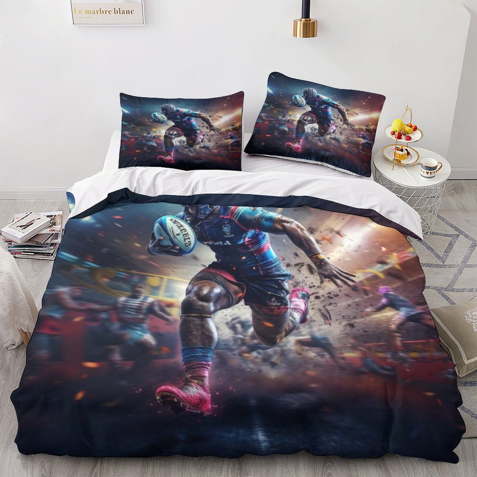OPSREY Rugby Duvet Cover Soft Comfortable Microfiber Athletics Quilt Cover Set Breathable Comforter Cover Zipper Closure Girls Boys Bedding Set Warmth to Sleep Double（200x200cm）