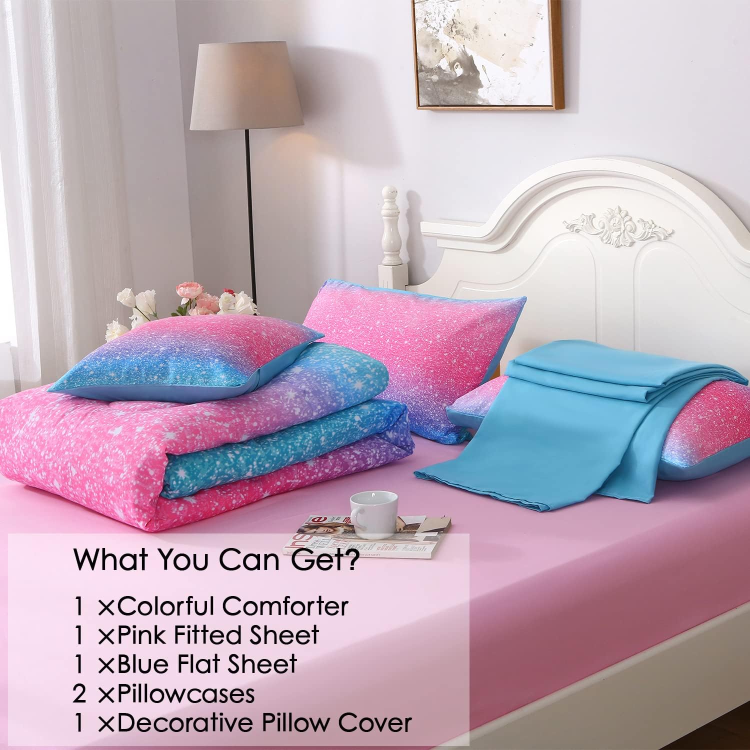 JQinHome Glitter Comforter Set Queen Size, 6 Piece Bed in A Bag 3D Colorful Duvet Pink Blue Bedding Set for Girls Women (1 Comforter,2 Pillowcases,1 Flat Sheet,1 Fitted Sheet,1 Cushion Cover) image 5