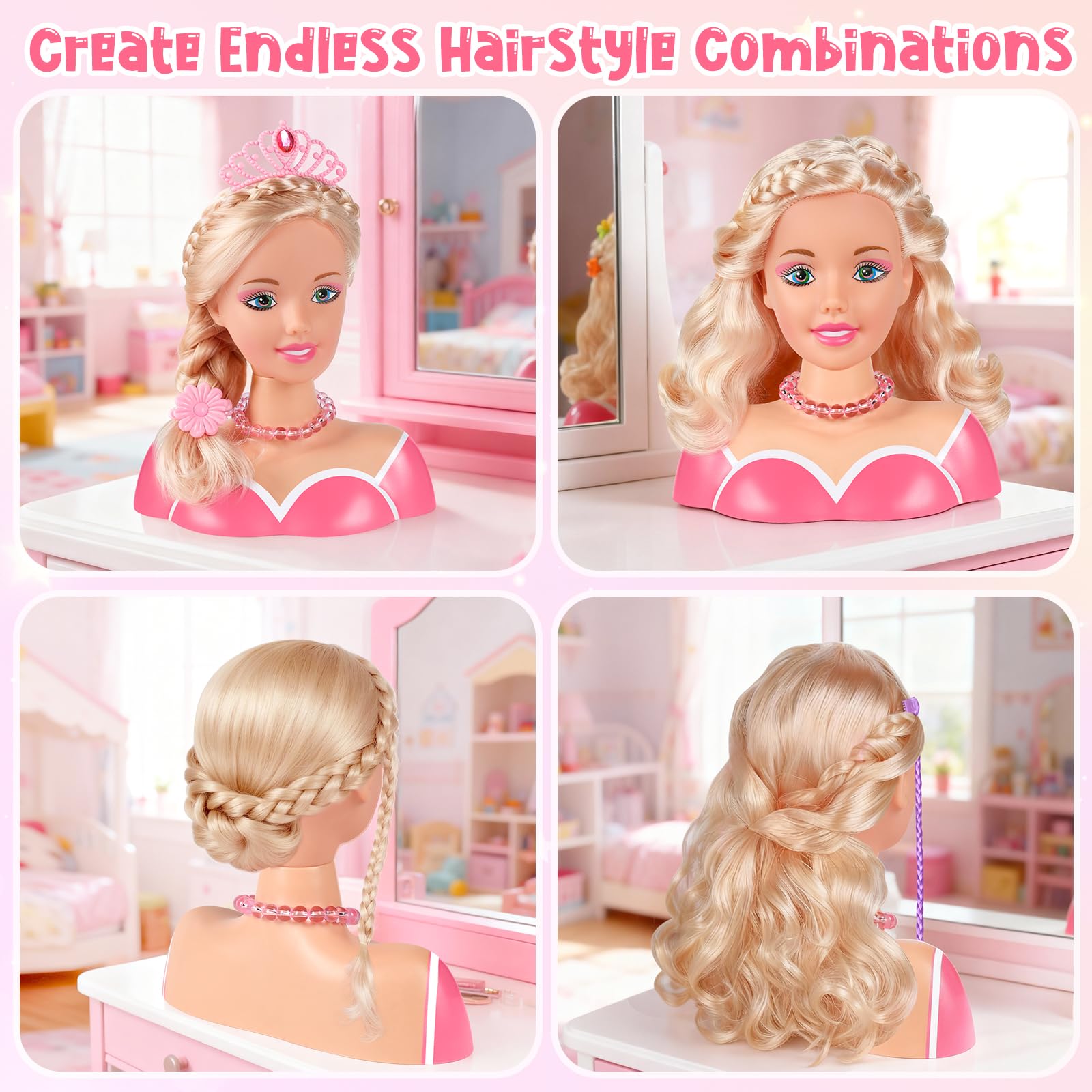 44Pcs Hair Styling Doll Head Toys for Girls, Kids Makeup Hair Salon Pretend Play Styling Kit with Hairdryer, Straightener, Beauty Hair Toy Christmas Birthday Gift for Toddler Girls 3 4 5 6+