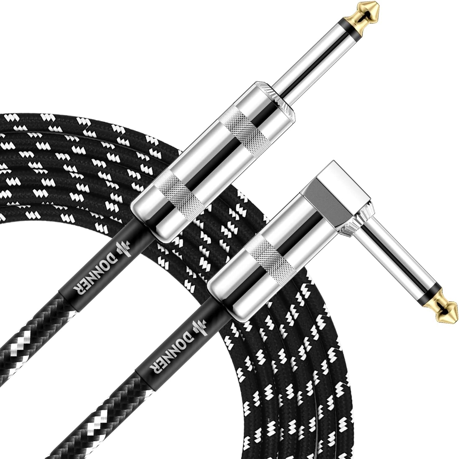 Donner Guitar Cable 10 ft, Electric Instrument Cable Bass Amp Cord for Electric Guitar Bass Amplifier Audio, 1/4" Right Angle to Straight, Black White
