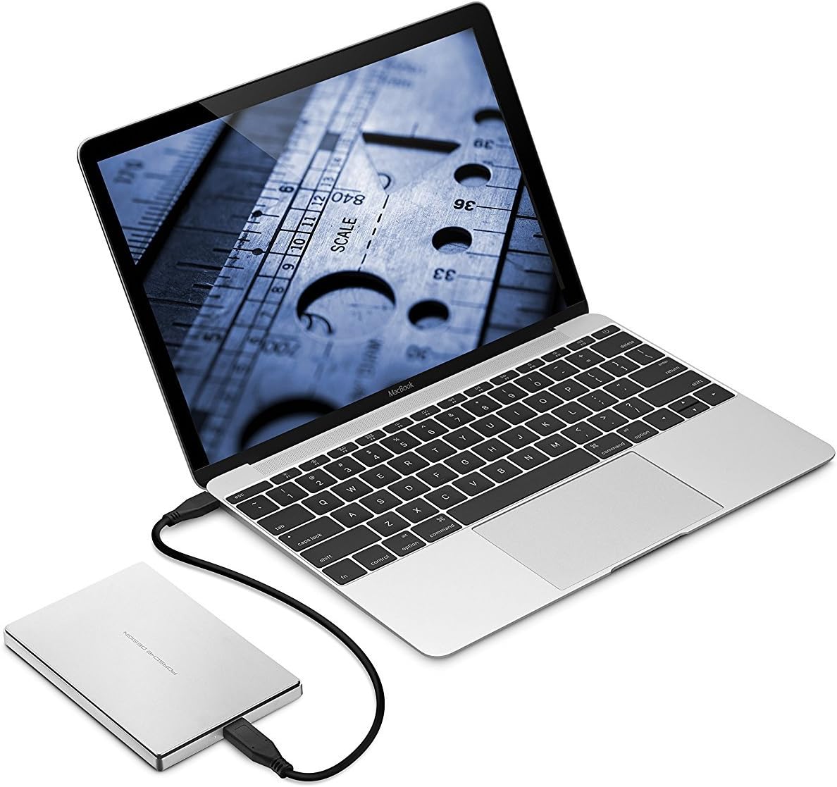 LaCie Porsche Design Mobile Drive connected to a laptop via USB-A