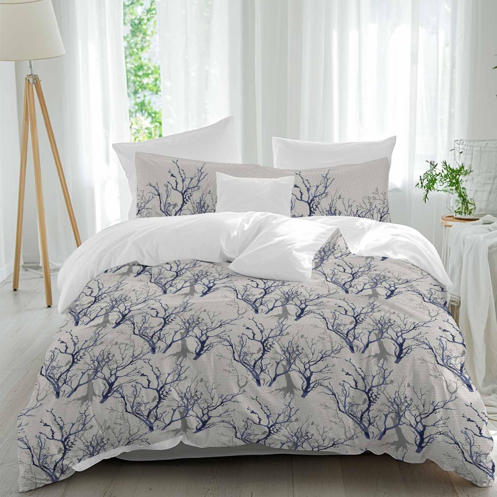 Branches Birds Bed Duvet Cover Twin Size Washed Patterned Textured Duvet Cover Sets with Zipper Tiers Microfiber Soft