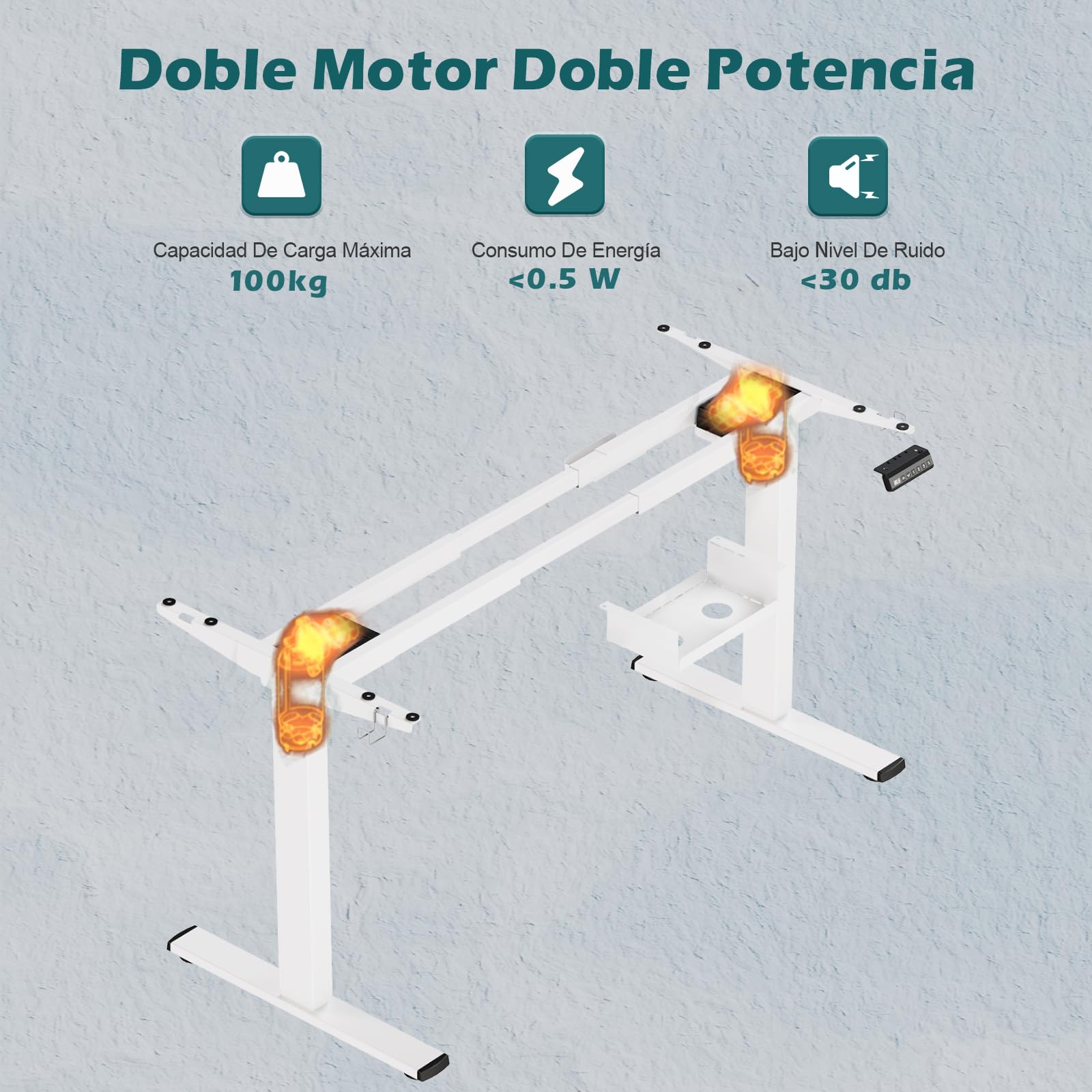 Devoko Estructura de Escritorio Regulable en Altura 73-120cm con 2 Motores Potentes Marco de Escritorio de pie con 3 Botones de Memoria y Ruedas, Ganchos, Caja de Gestión de Cables Blanco
