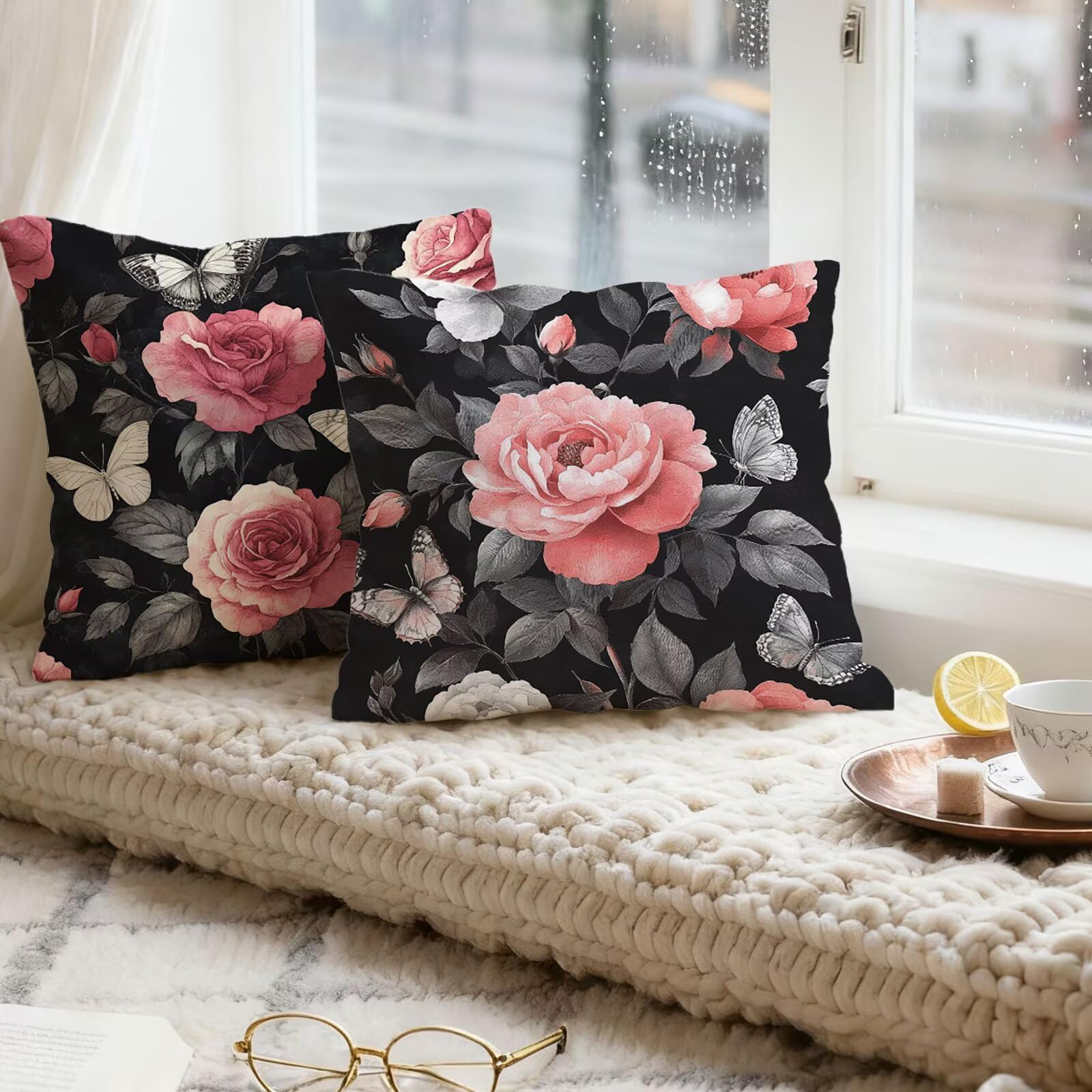 Rose Housse Coussin 60x60 Fleur Taie Oreiller 60x60 Lot de 4 Super Doux Protege Oreiller 60 x 60 Decoration Automne Taie D'oreiller Carrées Coussin Canape, pour Maison Chambre Canapé Chaise E - 84